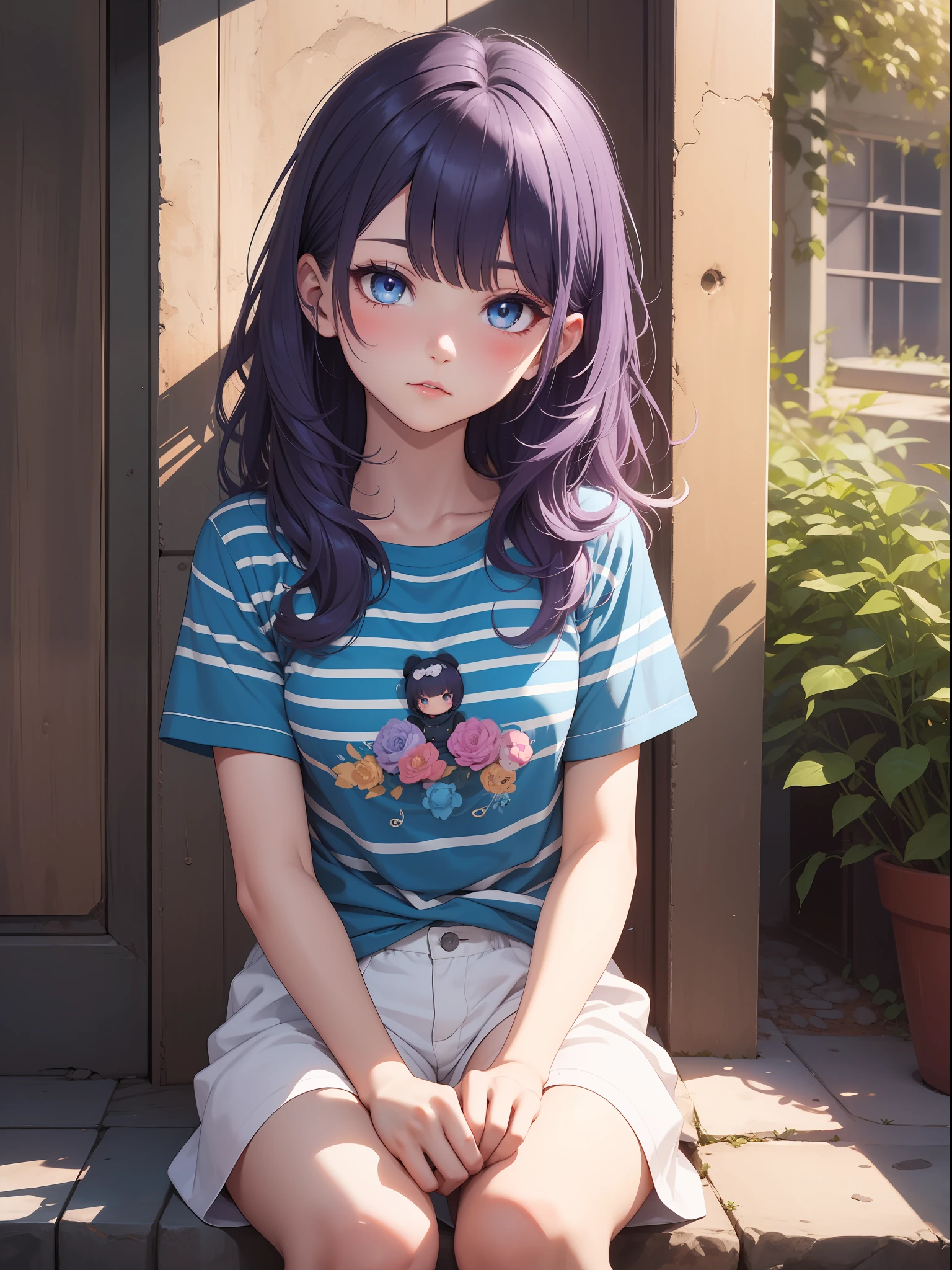 Top quality ultra-detailed CG art、Blue Light Shirt、striped tee、Purple hair、Oblivion colored eyes、夏天、、Infant body type、bobhair、red blush、sitting on、Pale light shadow、disheveled hair、