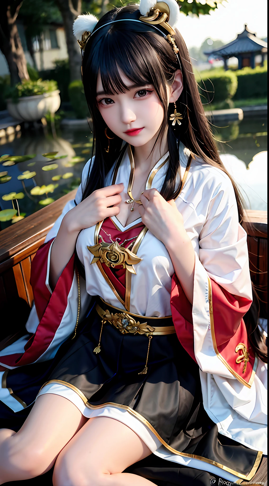 (tmasterpiece,best qualtiy), 独奏, Detailed doujin art,High-quality doujin art, best photos, 8K quality, 8K Ultra,closeup cleavage,is a slim and cute anime woman,1girll, 独奏,Put on the new clothes of the civilization of the Republic of China,In the lotus pond,The lotus pond is full of lotus flowers,The skirt swayed slightly in the breeze,Holding a book in his hand,face to the viewer, Black hair,鎖骨, trinkets, Red eyes, side locks, Blush, golden hairband, 耳Nipple Ring, shairband, hair adornments, Closed mouth,(It seems very gentle:1.5), Very long hair, bangs, Gold earrings,Digital SLR , Soft light,Proportionally accurate