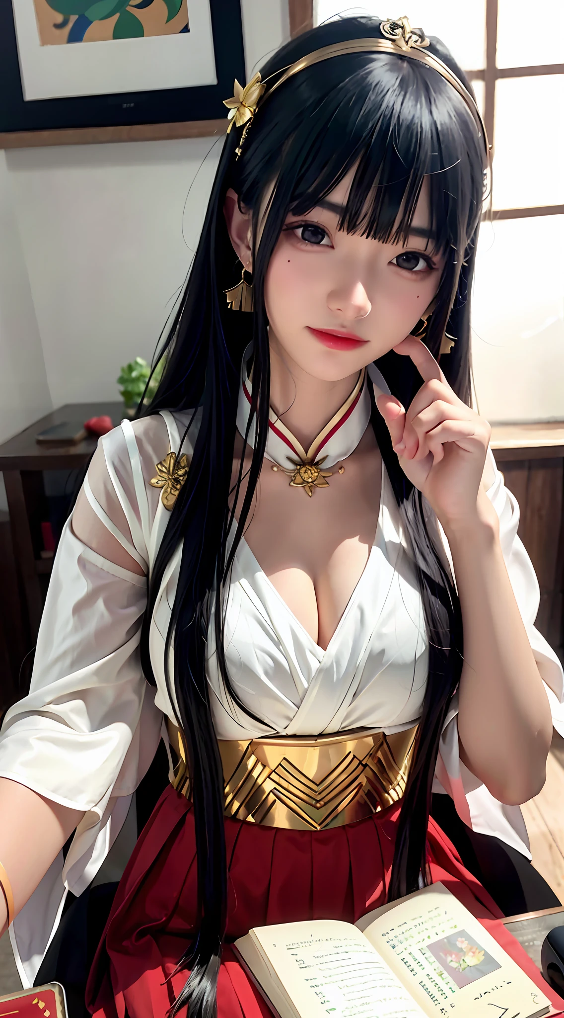 （tmasterpiece，best qualtiy）， 独奏， Detailed doujin art，High-quality doujin art， best photos, 8K quality, 8K Ultra,closeup cleavage，is a slim and cute anime woman，1girll,  独奏，Put on the new clothes of the civilization of the Republic of China，In the lotus pond，The lotus pond is full of lotus flowers，The skirt swayed slightly in the breeze，Holding a book in his hand，face to the viewer, Black hair，鎖骨, trinkets, Red eyes, side locks, Blush, golden hairband, 耳Nipple Ring, shairband, hair adornments, Closed mouth,（Looks gentle：1.5）， Very long hair, bangs, Gold earrings，Digital SLR , Soft light，Proportionally accurate