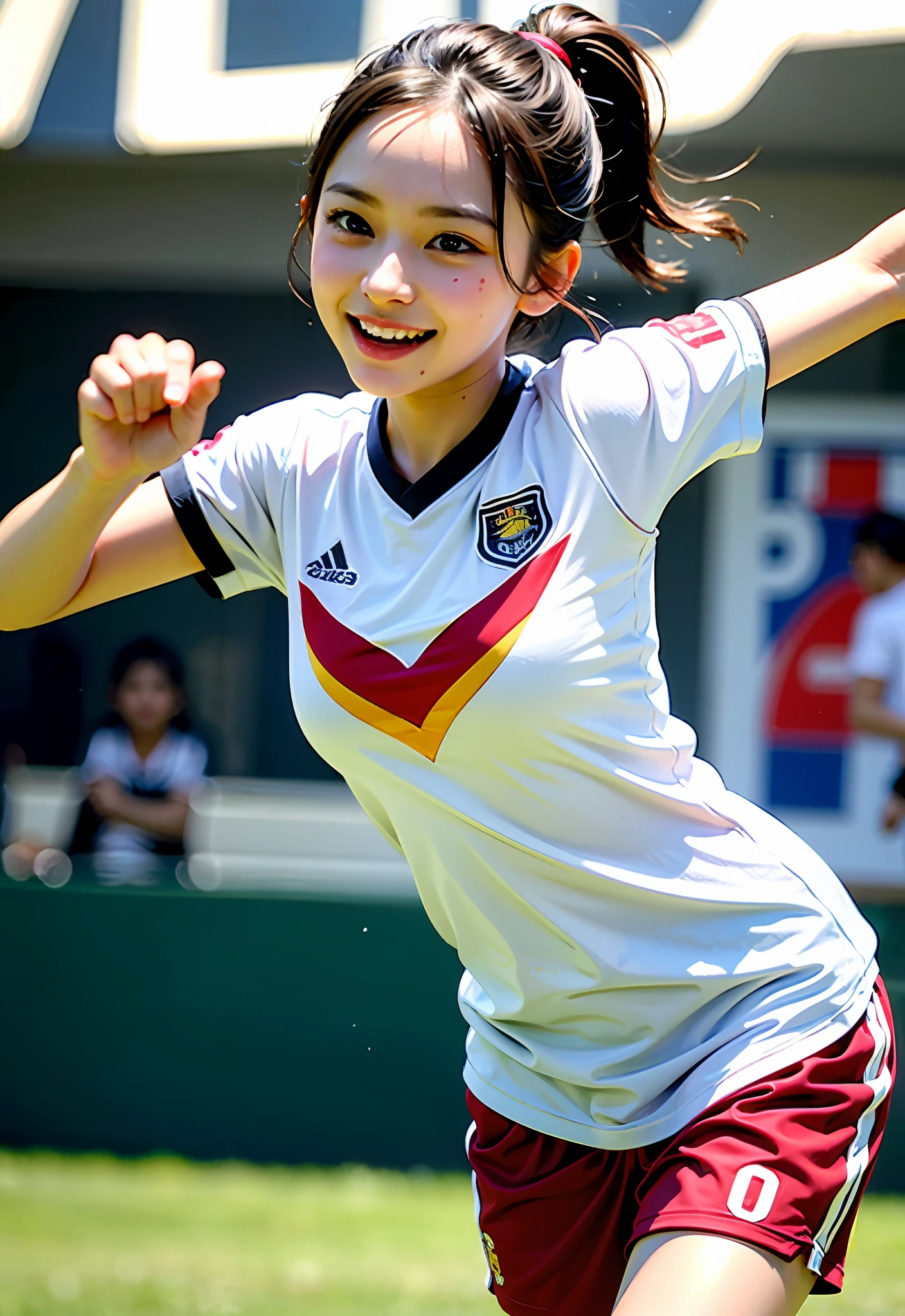 8K、Top image quality、masterpiece、夏天、Playing Soccer、15yo student、(1little girl)、In the fields、(Facial expressions that enjoy with all their might)、Cinematic lighting、Expressing the speed and dynamism of soccer、Happy smile immediately after scoring、Sweat dripping、Red and black vertical stripe wear