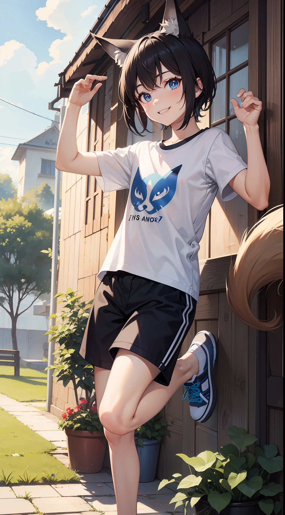 , short black hair, fox ears, blue eyes, Fox tails, smile, jump, T-shirt, shorts, Masterpiece, hiquality