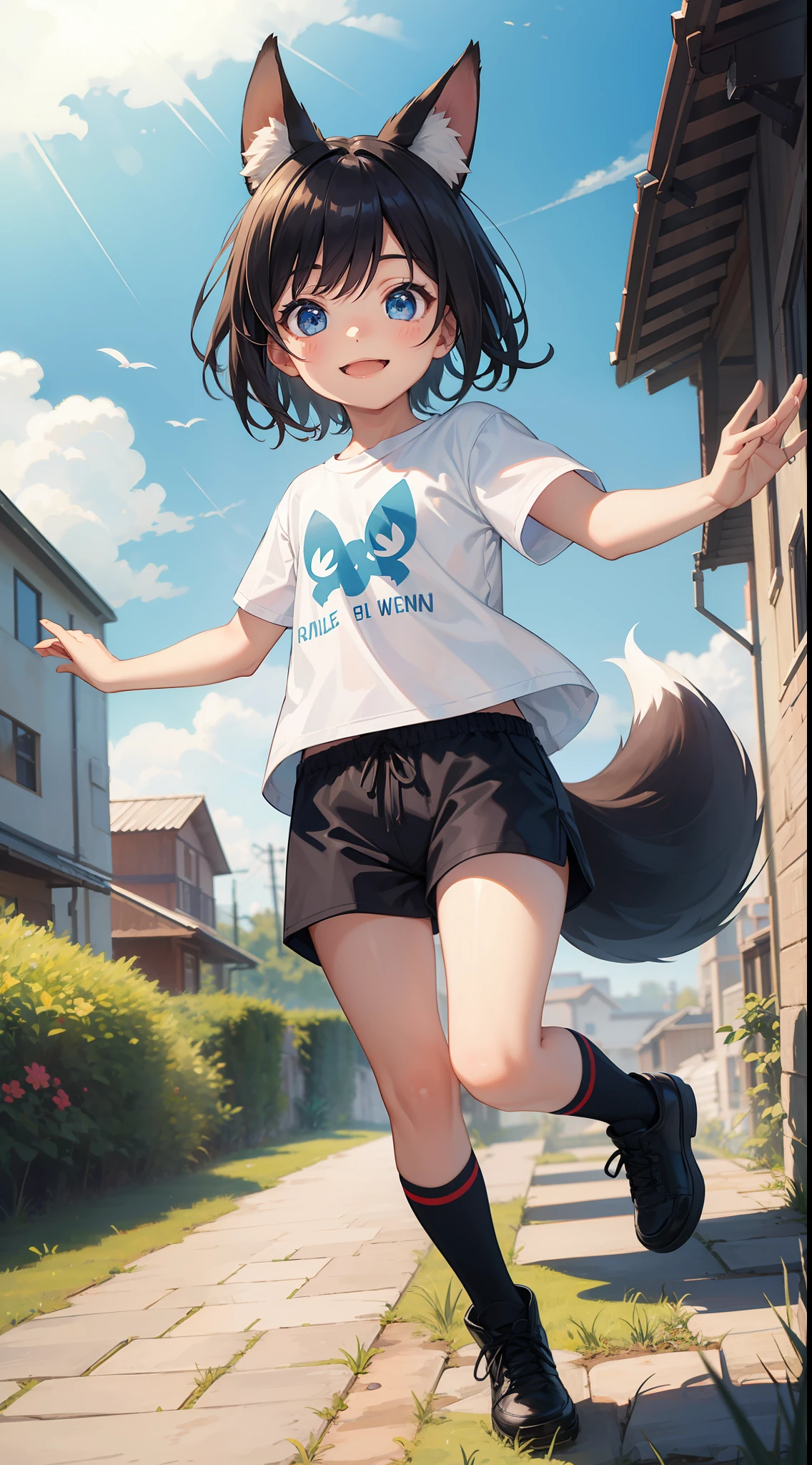 little boy, short black hair, fox ears, blue eyes, Fox tails, smile, jump, T-shirt, shorts, Masterpiece, hiquality