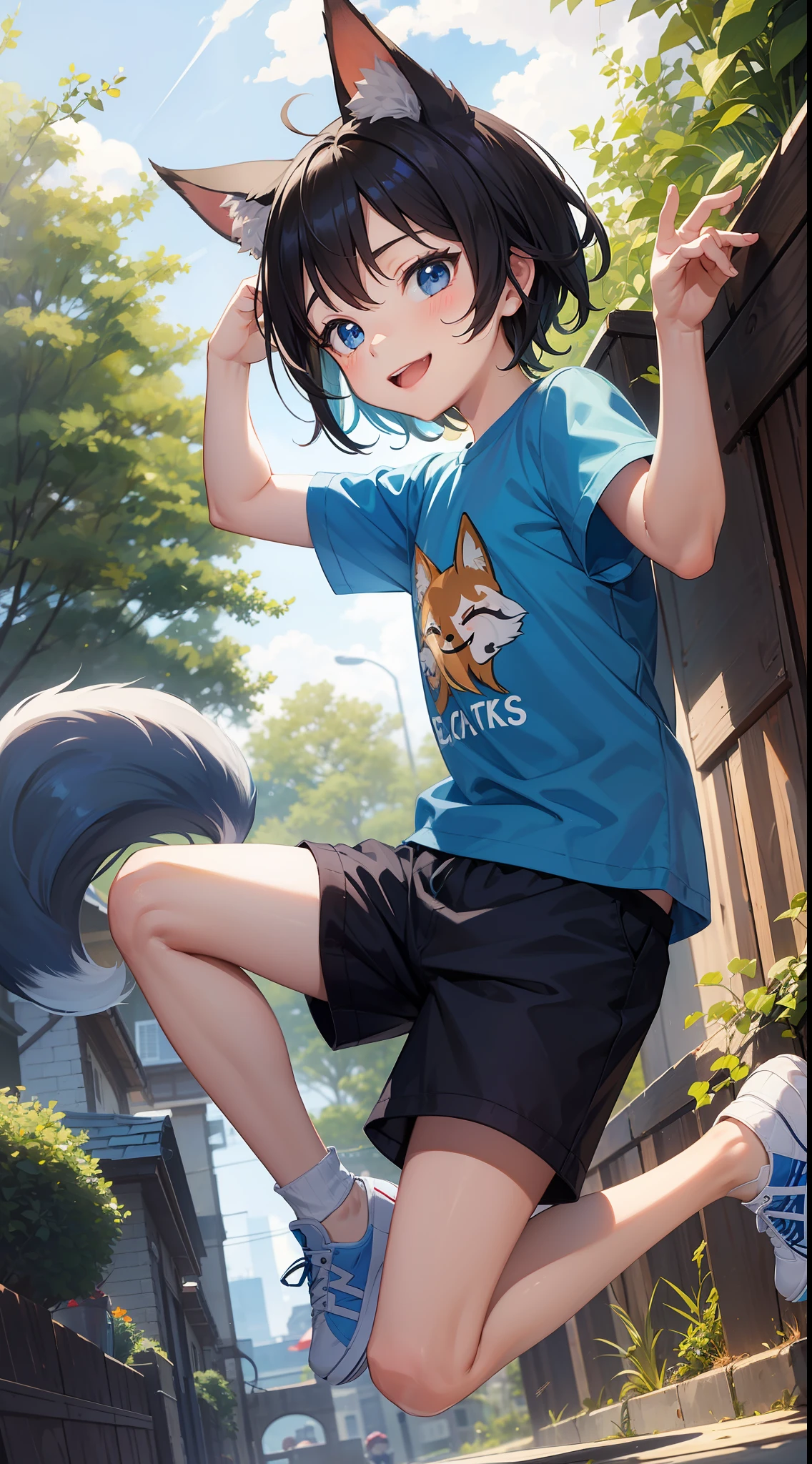 , short black hair, fox ears, blue eyes, Fox tails, smile, jump, T-shirt, shorts, Masterpiece, hiquality