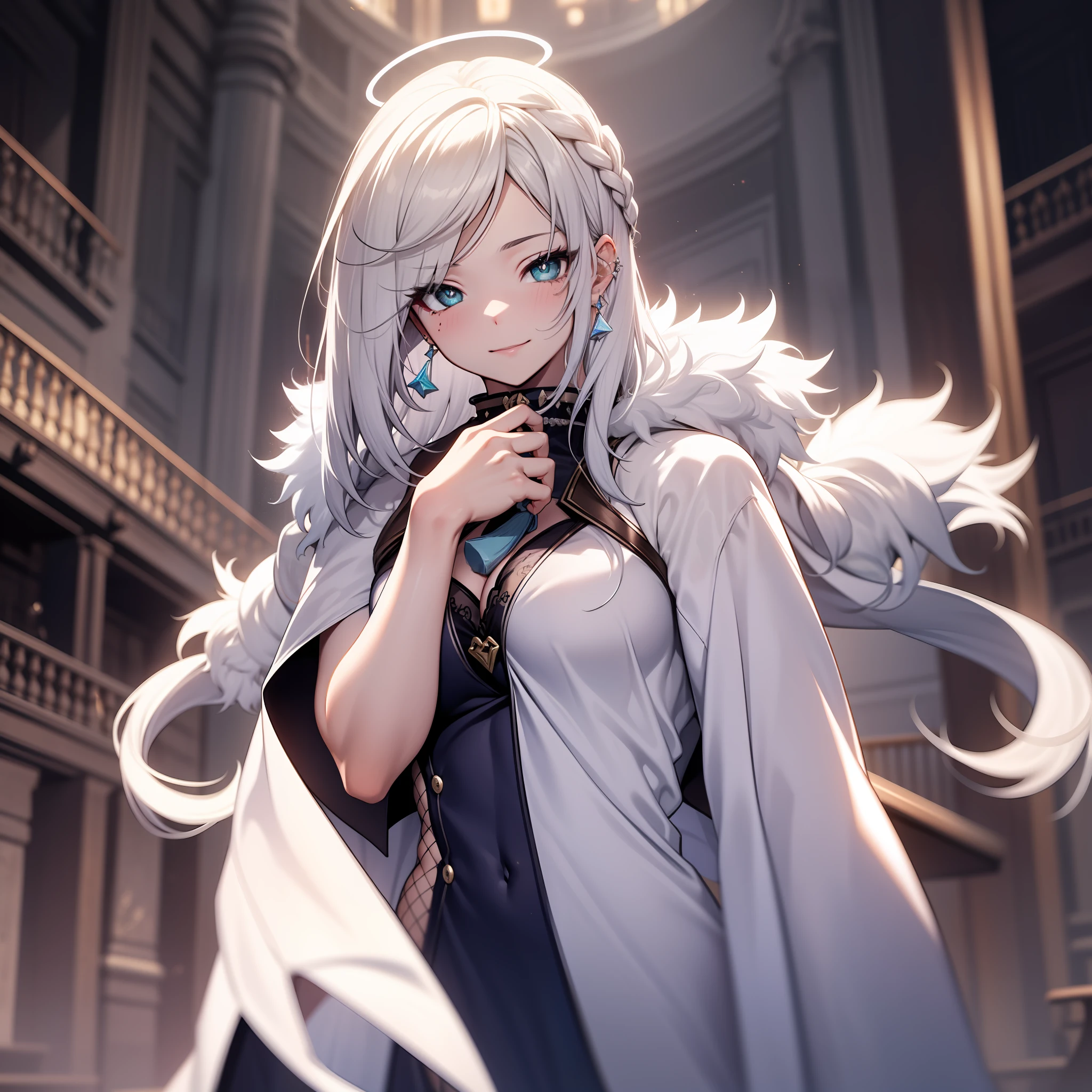 Silver hair, Very long hair, Expressive hair, Halo, forehead jewel, musical note hair ornament, There are tear moles under the eyes Star-like pupils, Crystal earrings, Blush, Seductive smile, Super detail, ccurate, Best quality, hyper HD, retinas, Masterpiece, Textured skin, Super detail, High details, High quality, Best quality, A high resolution, 16k,In the auditorium,Goddess temperament,Expose the whole body,Wear a white wedding dress,There is the Light,whiteskin,being thin,No legs,Big chest