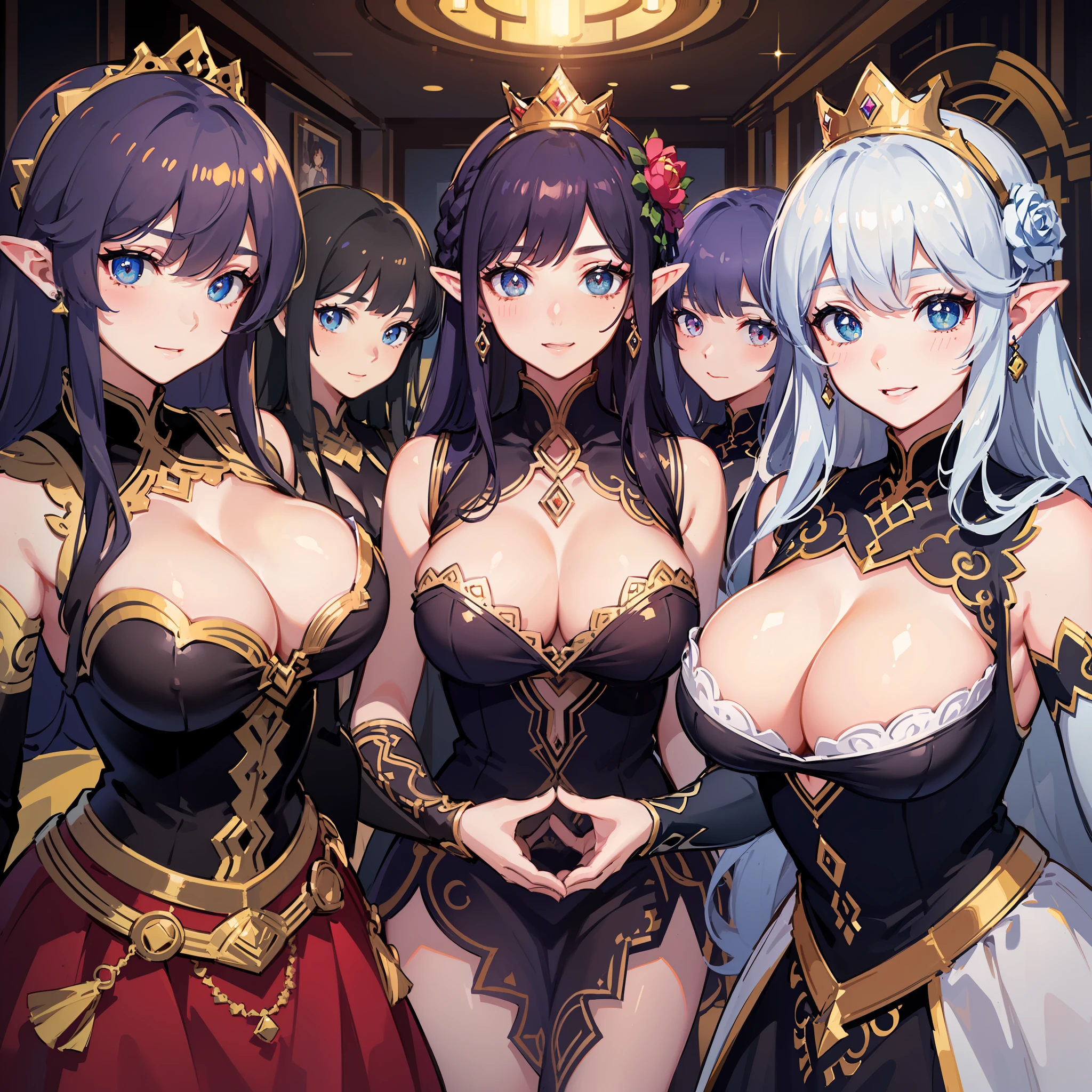 (masterpiece), (best quality), (ultra-detailed), vibrant colors, perfect body, vivid colors, scenery, sharp focus, best quality, masterpiece, detailed outfit, (((beautiful detailed eyes:1.4))), intricate details, depth of field, ultra high resolution, (highest resolution),(masterpiece), (best quality), (ultra-detailed), (ultra-detailed), (restaurant), multiple girls, eyes sparkle with hidden longing, ephemeral, gorgeous multi-color hair radiating light, expressive and sparkling eyes, blush, large breasts, huge breasts, wide hips cleavage, smiling fondly, perfect hands, nice hands, (((multiple girls, group picture, lineup, harem, 6+girls))), ((((princess dresses)))), legend of Zelda \\(series\\)