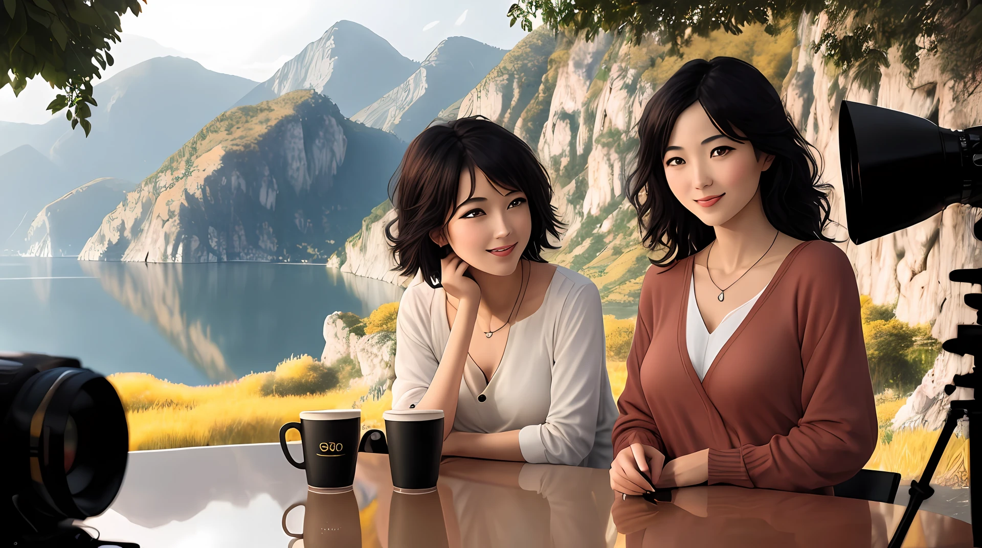 Two dark-haired friends enjoying a cup of coffee and croissants surrounded by the Italian landscape. photo realism, hiquality, Joyful emotions, happiness, Filmic, photoshooting, White balance, 12), extra high resolution, megapixel, Professional photography RGBblack hair, Surrealism, Art Deco, reflection light, 8k, super detail, super detail, anatomically correct