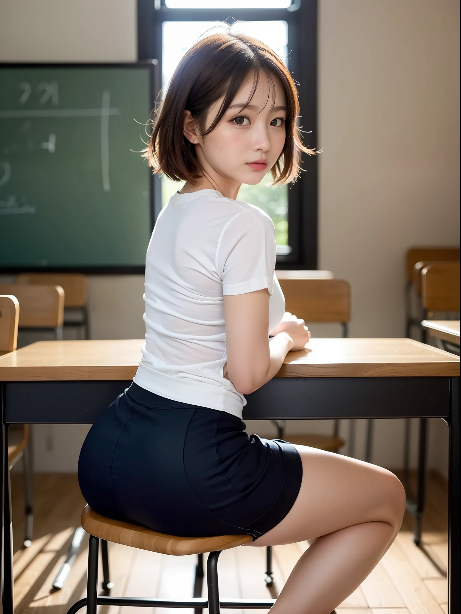 ((top quality, 8k, masterpiece: 1.3, raw photo)), Sharp Focus: 1.2, (1 aespa girl: 1.2), (Realistic, Photorealistic: 1.37), (face focus: 1.1), cute face, ultra detailed face, small breasts, flat chest, short messy hair, (white camisole : 1.2), skirt, beautiful girl sitting at the classroom, look back, sunlight, movie lighting