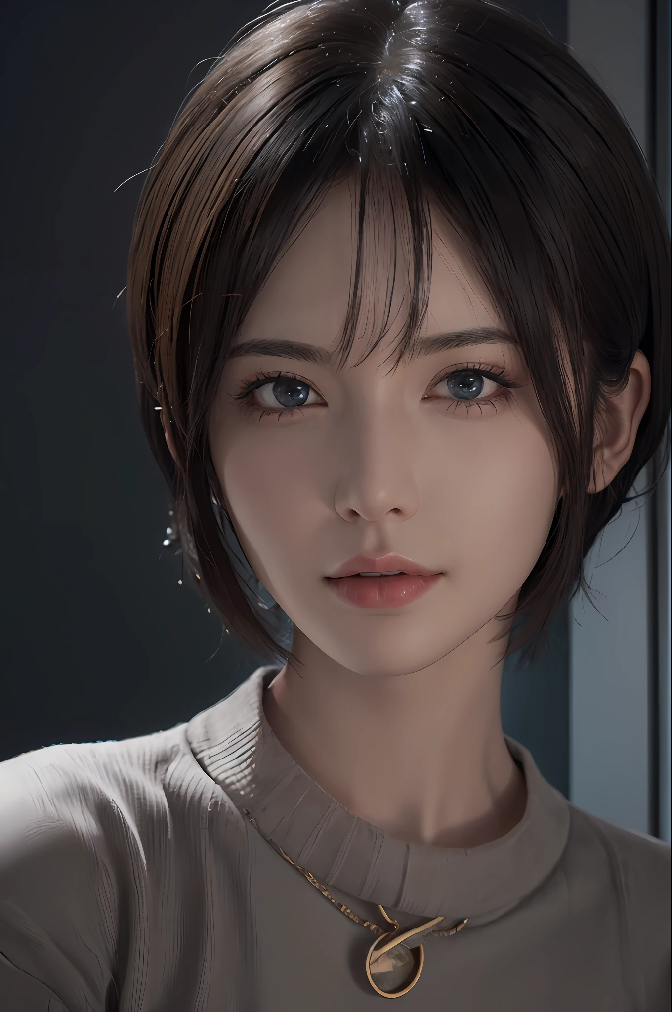 (masterpiece:1.3), (8k, photorealistic, RAW photo, best quality: 1.4), (1girl), beautiful face, (realistic face), (black hair, short hair:1.3), beautiful hairstyle, realistic eyes, beautiful detailed eyes, (realistic skin), beautiful skin, (sweater), absurdres, attractive, ultra high res, ultra realistic, highly detailed, golden ratio