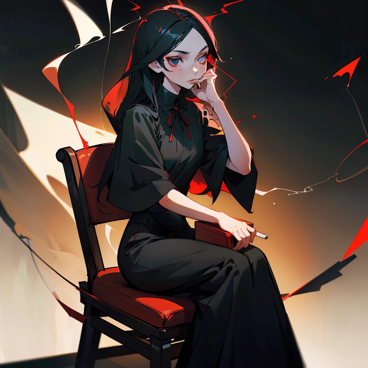 A girl with long black hair，Wears white short sleeves，black long dress，Expose your ears，There are long red ribbons on the ears，cigarette in his hand，sit on chair，Hang your eyes，The expression is grim，Persona diagram，Single background，Singlelightsource，Detail portrayal，A masterpiece，