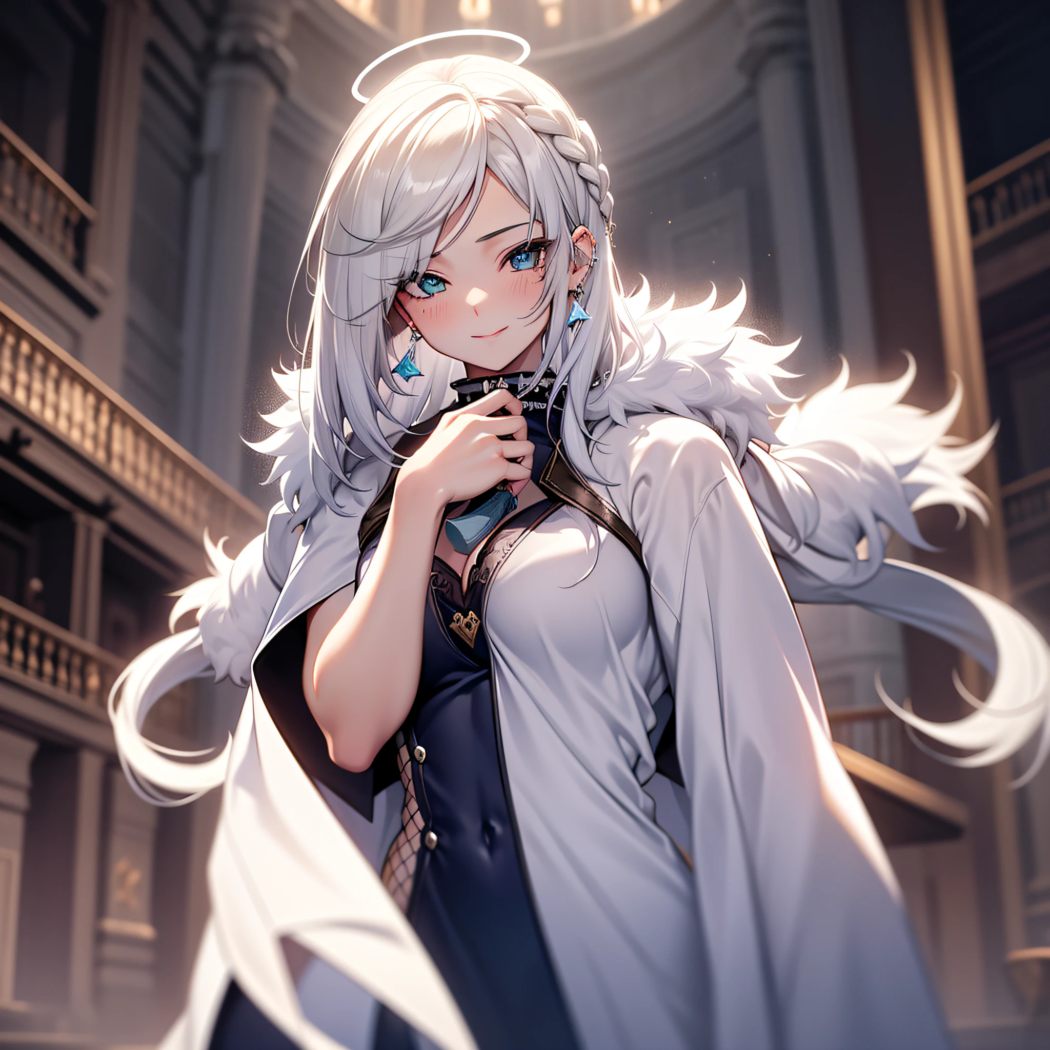 Silver hair, Very long hair, Expressive hair, Halo, forehead jewel, musical note hair ornament, There are tear moles under the eyes Star-like pupils, Crystal earrings, Blush, Seductive smile, Super detail, ccurate, Best quality, hyper HD, retinas, Masterpiece, Textured skin, Super detail, High details, High quality, Best quality, A high resolution, 16k，In the auditorium，Goddess temperament，Expose the whole body，Wear a white wedding dress，There is the Light，whiteskin，being thin，No legs，Big chest