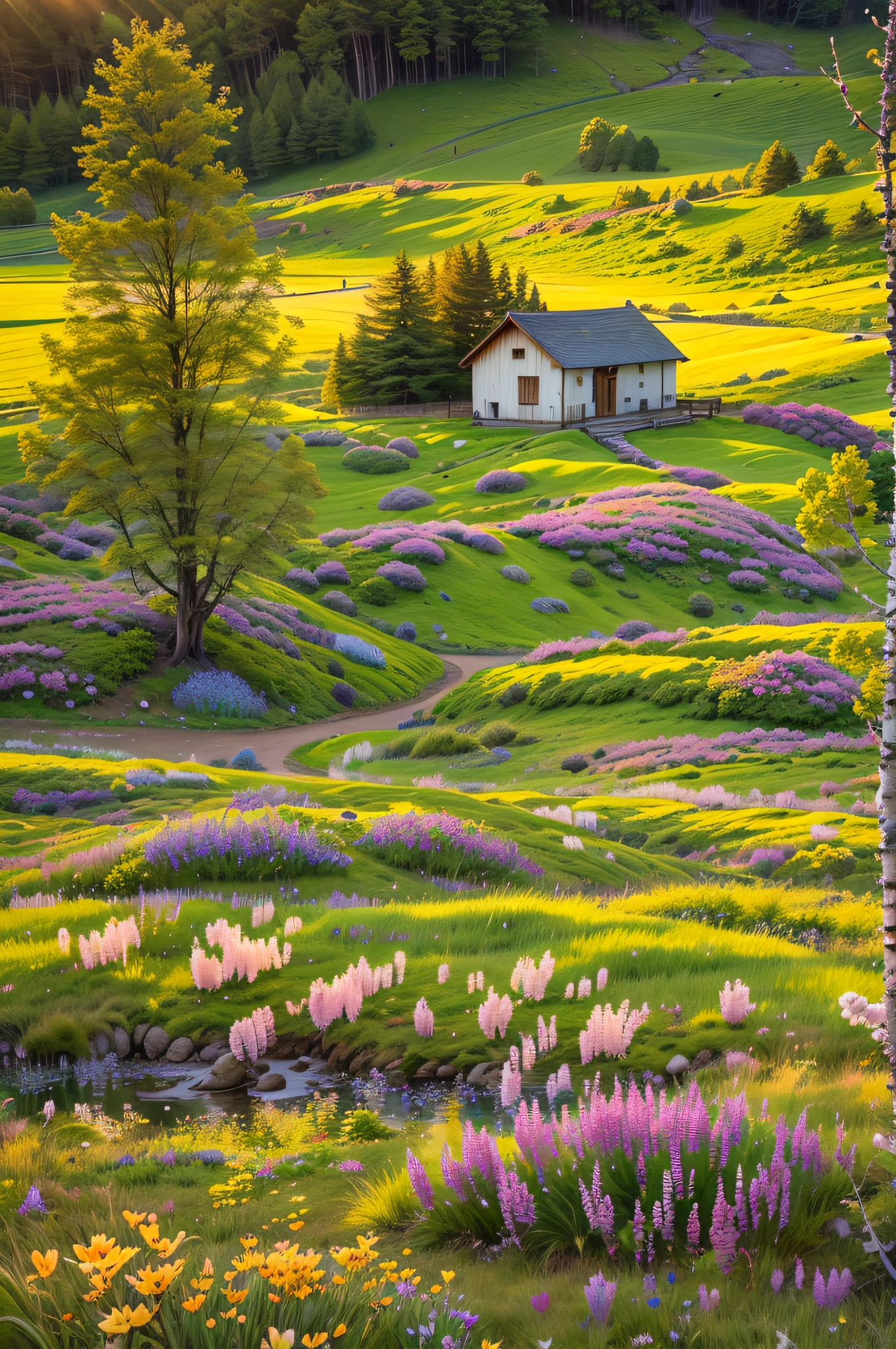 Natural Scenery, A breathtaking landscape of untouched beauty unfolds before your eyes. Vast, undulating meadows, adorned in lush, vibrant emerald grass, stretch endlessly beneath the cerulean sky. Towering, snow-capped mountains embrace the horizon, their majestic peaks reaching for the heavens. Crystal-clear streams meander through the terrain, reflecting the golden sunlight like liquid diamonds. The air is filled with the delicate fragrance of wildflowers in bloom, and a gentle breeze rustles the leaves of ancient trees. Birds serenade the day with joyful melodies. The scene emanates tranquility and invites deep reflection and awe. The warm light of the setting sun bathes everything in a soft, golden glow, adding a touch of enchantment to the already magical atmosphere