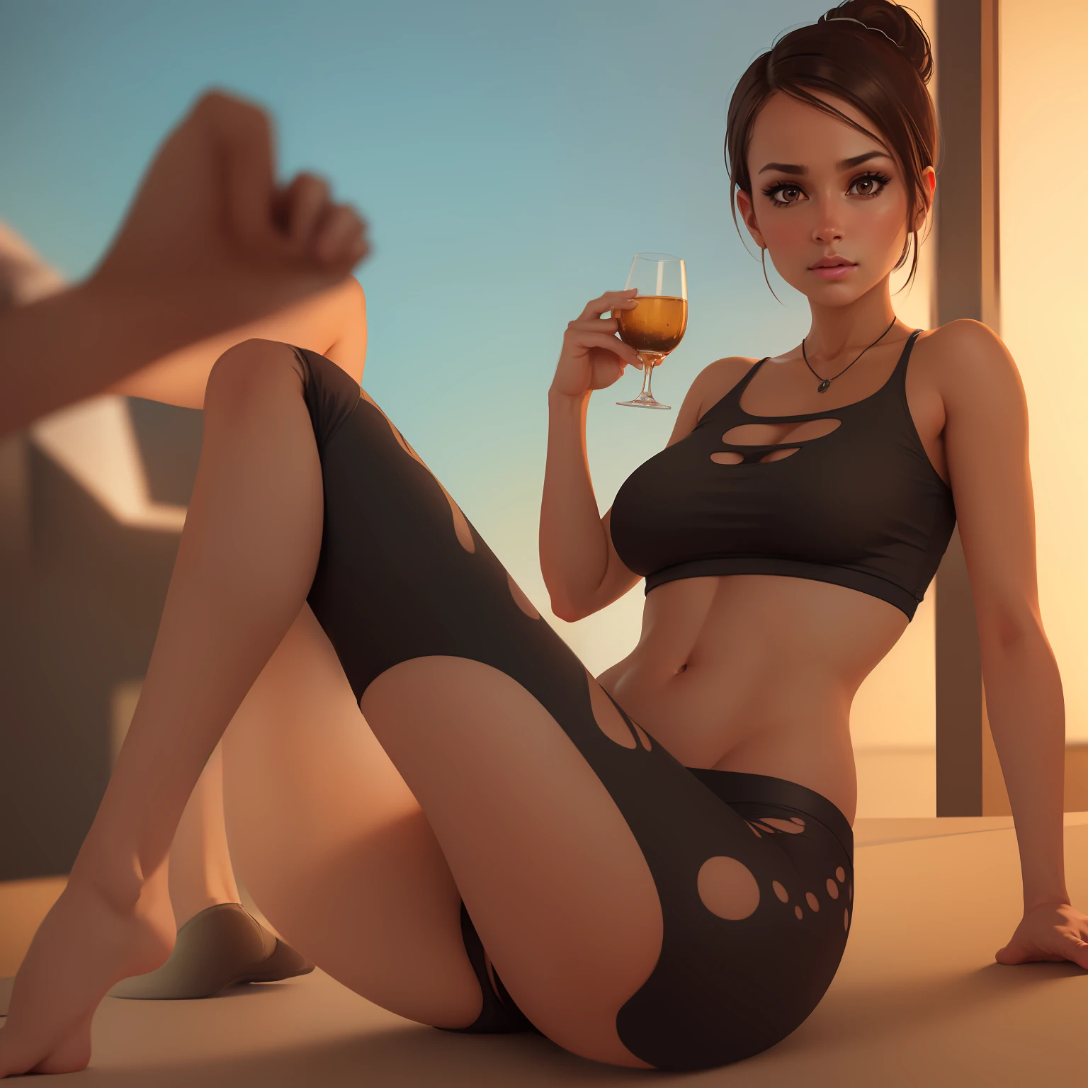 Beautiful Brazilian girl, brown hair in a ponytail, 18 years old, beautiful thin figure symmetrical eyes, (beautifully detailed face, beautiful detailed eyes), dramatic lighting, (photo realism:1. 4), realistic, sharp focus, HD, highly complex, intricate, photography, hyperrealism, hyperrealistic, raytracing, physics-based rendering, ((8k, RAW photo, masterpiece), High detail RAW color photo, (highest quality), (best shadow), (best illustration), ultra high resolution, highly detailed CG unified 8K wallpapers), rim lighting, vivid color, post-processing, vibrant, color grading, Posing in a vineyard, wearing tight leggings and a sports bra, showing her butt, holding a glass of white wine
