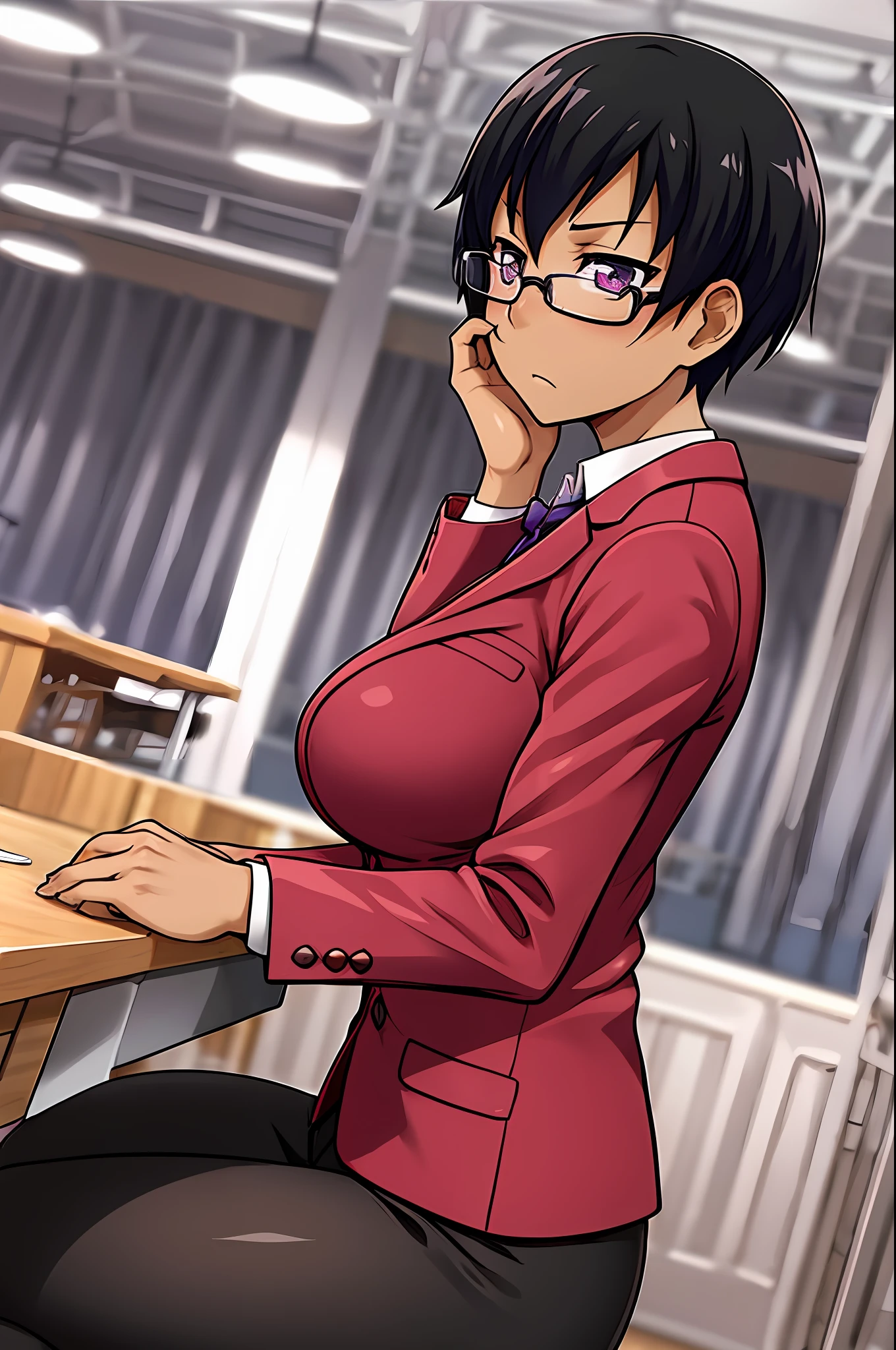 masutepiece, Best Quality, Detailed eyes, Detailed face, HUCharlotte, Dark skin, Large breasts, Short hair, Black hair, Purple eyes, Curve, Glasses, From Side, Sitting, Private Office, hand on own face, frown, desk work, Blazer, dress shirts, Pants, elbows on the table,