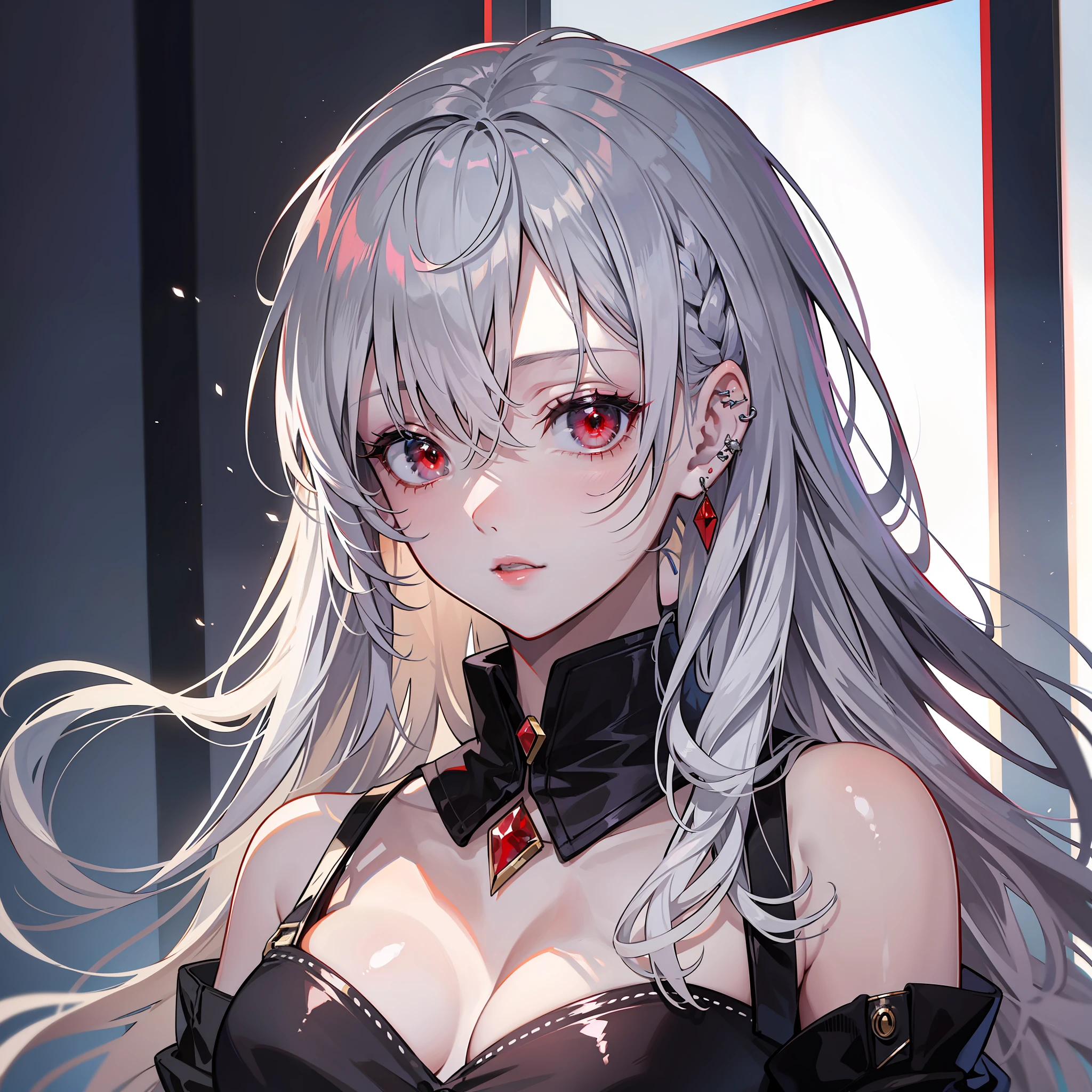 Kizi,(silber hair:1.5),Shiny hairstyle,Messy hairstyle,long whitr hair,耳Nipple Ring,(red - eyed:1.2),collofull eyes,Clear red lips,super detailing,Perfect face,Textured transparent garment,black uniforms,(perfect bodies:2.0),Retina Screen,ultra-realistic realism,style of anime,artistic décor,first person perspective,head portrait,(in a panoramic view:2.0),hyper HD。