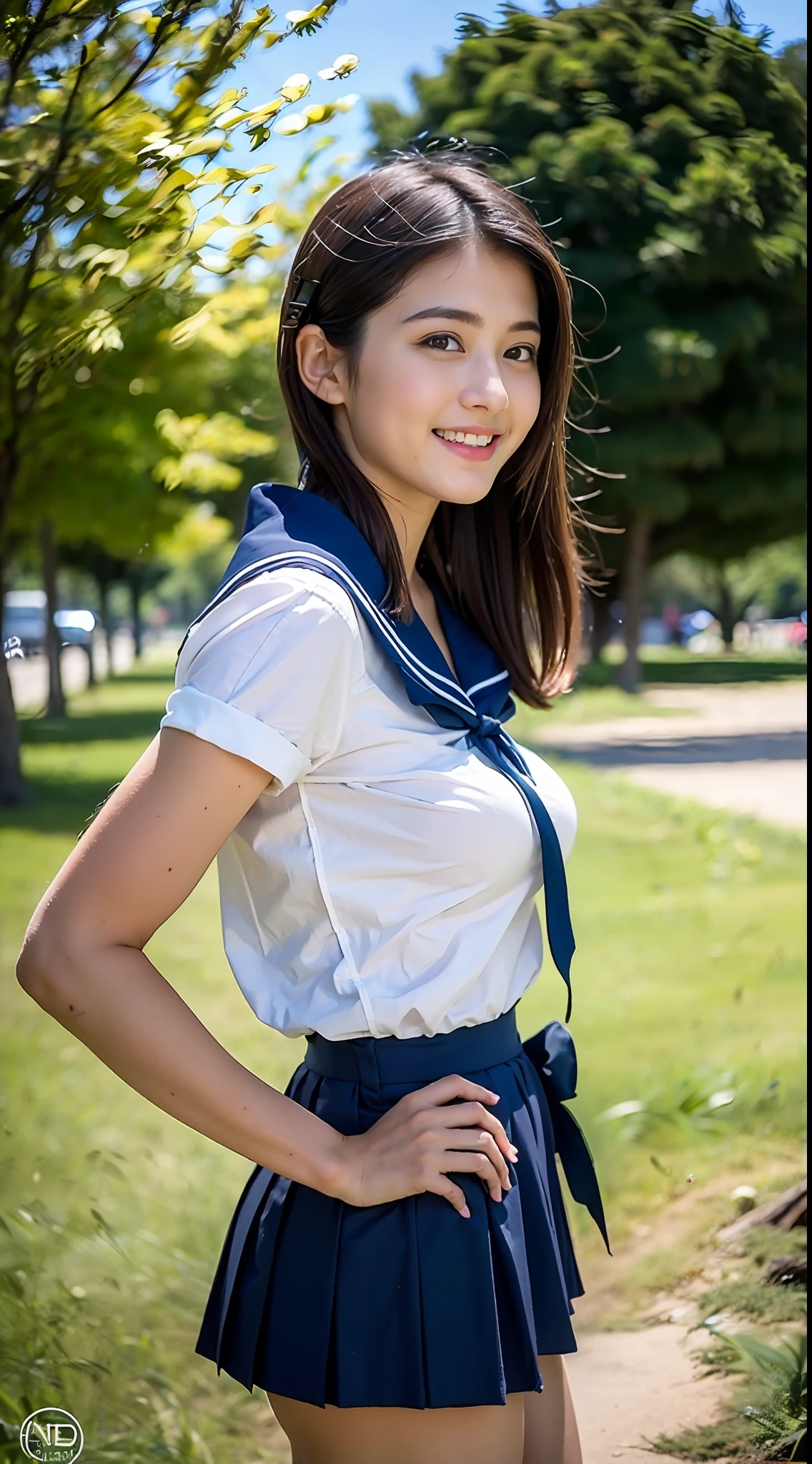 (Best Quality, ​master piece, Ultra High Resolution, (Photorealsitic:1.4), Raw photo), (Photo of a  in the park, low  angle shot)、sailor shirt, Pleated mini skirt in navy blue, Cute patterned panties, Big breasts, small ass, Amazingly cute face, very white and beautiful skin, Realistic hands, Realistic fingers