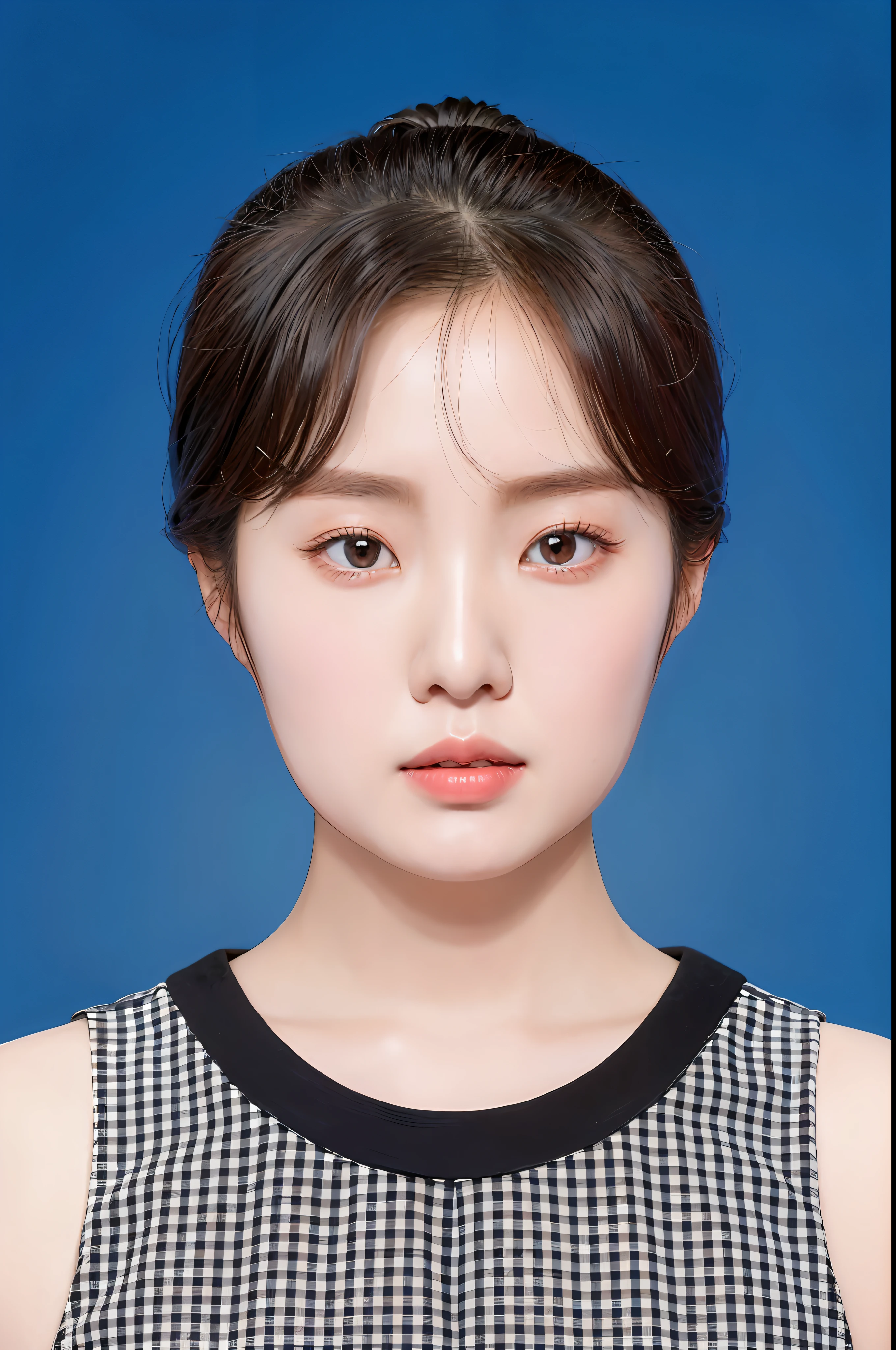 Arad woman with black and white plaid top and blue background, Korean symmetrical face, young lovely Korean faces, south east asian with round face, portrait of female korean idol, yanjun cheng, shin min jeong, Korean face features, young cute wan asian face, Young woman's face, young female face, lee ji eun