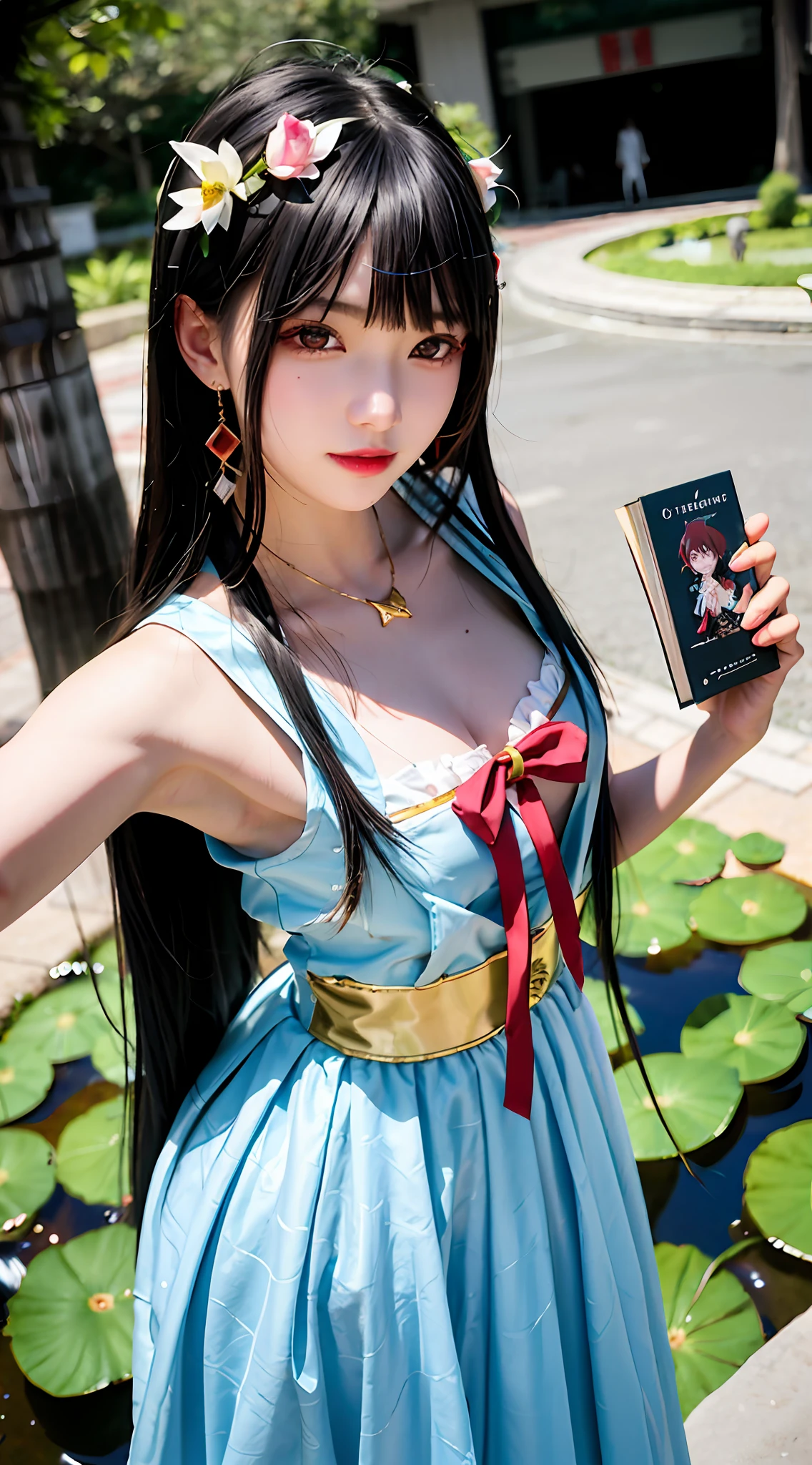 （tmasterpiece，best qualtiy）， 独奏， Detailed doujin art，High-quality doujin art， best photos, 8K quality, 8K Ultra,closeup cleavage，is a slim and cute anime woman，1girll,  独奏，Put on the new clothes of the civilization of the Republic of China，（Cyan-themed clothing：1.3）In the lotus pond，The lotus pond is full of lotus flowers，The skirt swayed slightly in the breeze，Holding a book in his hand，face to the viewer, Black hair，鎖骨, trinkets, Red eyes, side locks, Blush, golden hairband, 耳Nipple Ring, shairband, hair adornments, Closed mouth, Very long hair, bangs, Gold earrings，Digital SLR , Soft light，Proportionally accurate