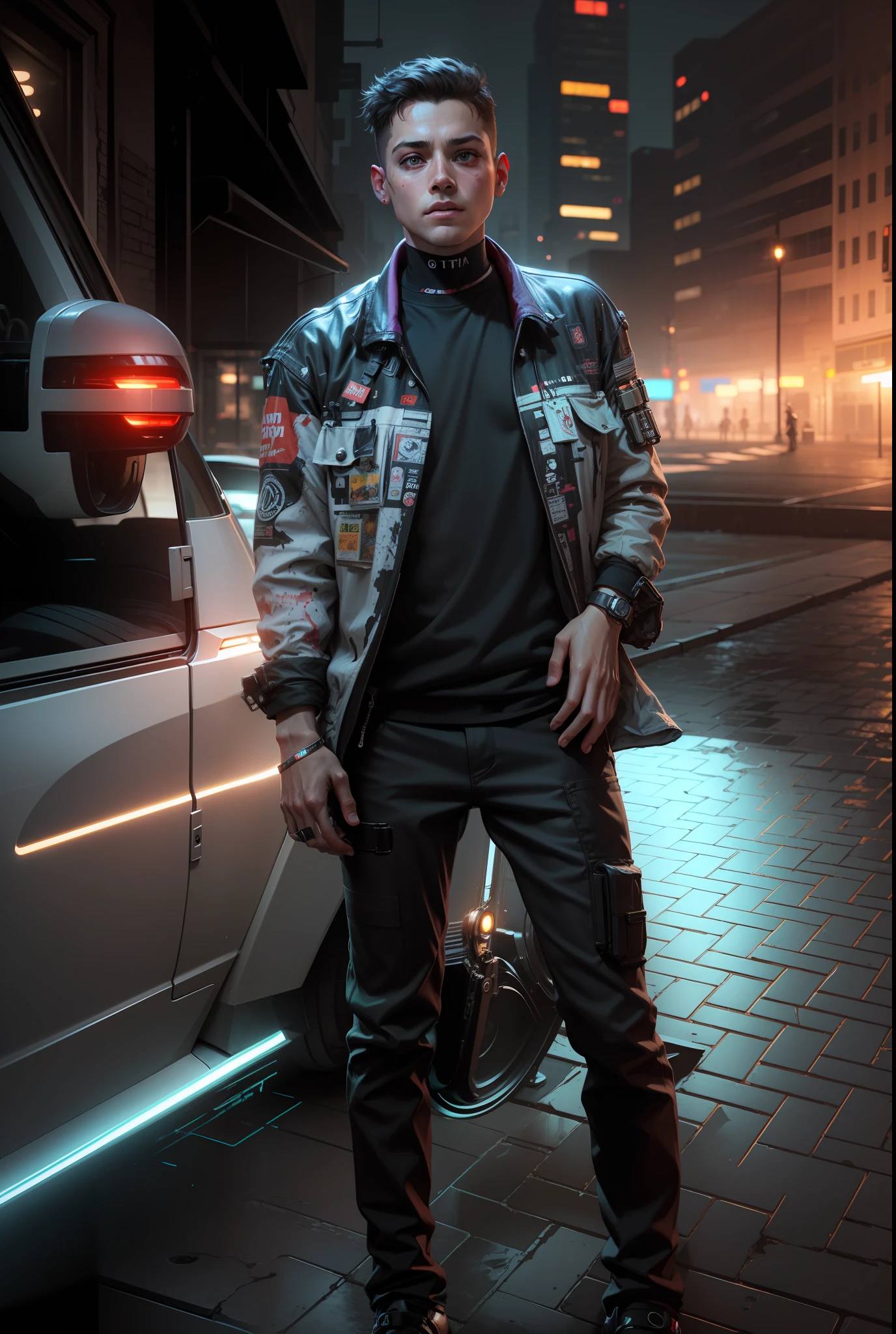 Little boy cyberpunk background look realistic face, 8k, utra realistic