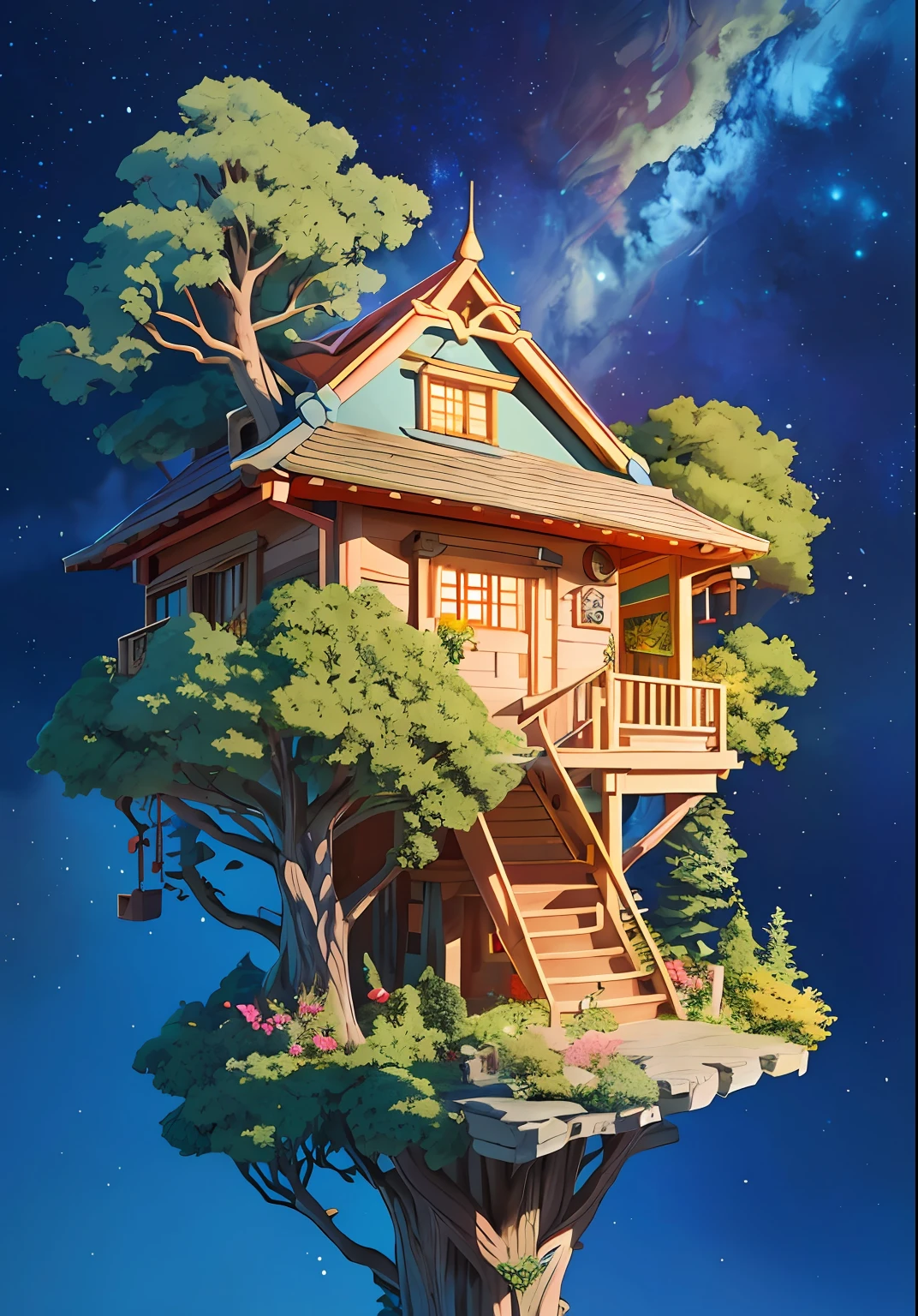 Realistic, Real life, Beautiful little tree house, Night, Stars in the sky, in style of laurie greasley, by Ghibli Studio, Akira Toriyama, James Gilead, Genshin Impact, trending pixiv fanbox, acrylic palette knife, 4K, Vibrant colors, devinert, trending on artstationh