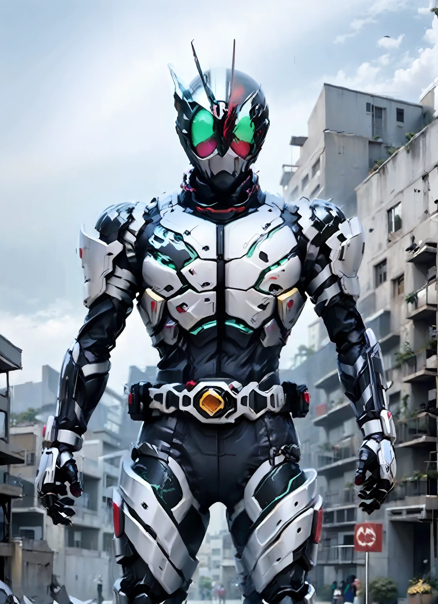 Realiy，photorealestic，Machinary，mechs，Technologie，musculous，glowing light eyes，Burly body，style of photography，Real scenery（Metallic texture 1.8）（Excess detail 2）（High resolution1.6）（4K clarity1.9)（Carbon fiber 1.5）（Metal reflection 1.5），Neon lights，Kamen Rider（1:1），Wasteland scene