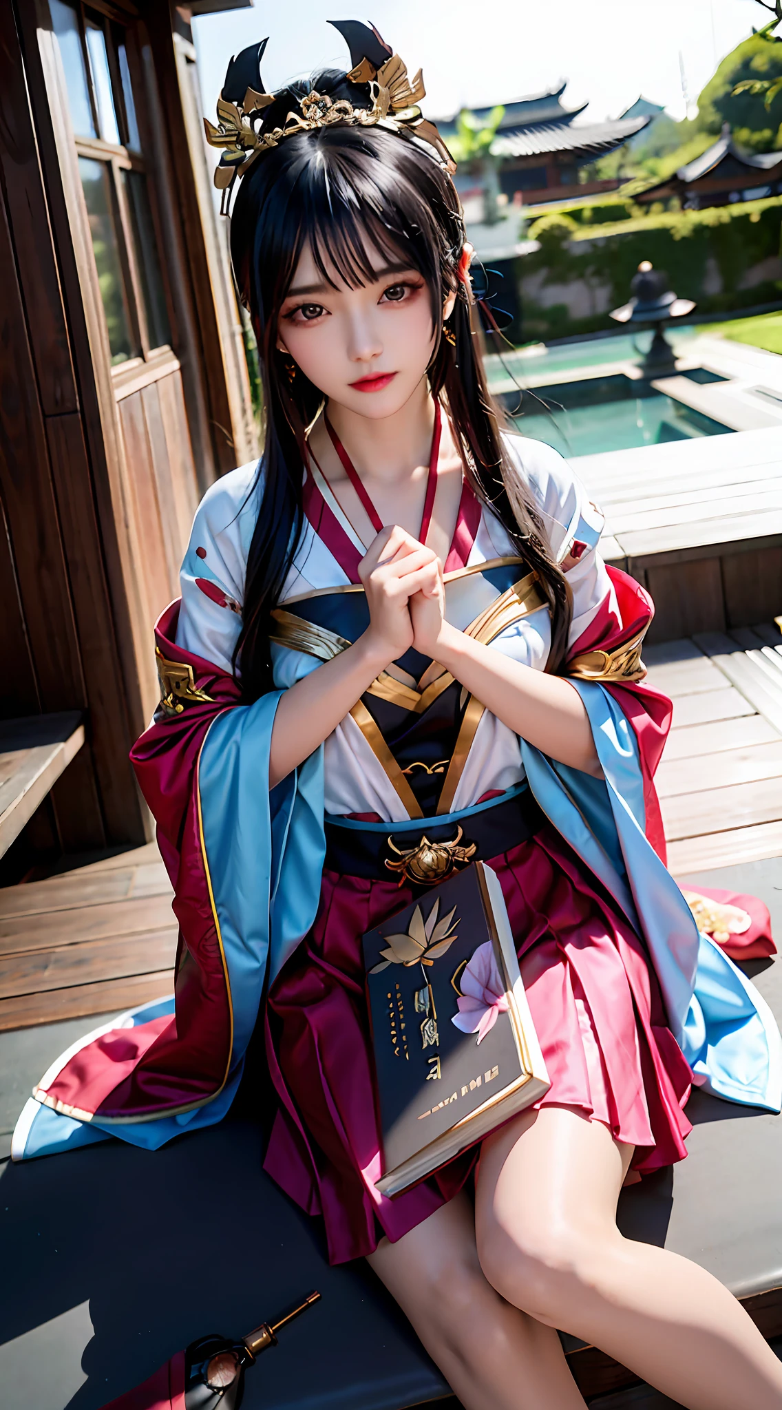 (tmasterpiece,best qualtiy), 独奏, Detailed doujin art,High-quality doujin art, best photos, 8K quality, 8K Ultra,closeup cleavage,is a slim and cute anime woman,1girll, 独奏,Put on the new clothes of the civilization of the Republic of China,(Cyan-themed clothing:1.3),(Clothes cover the chest:1.2),In the lotus pond,The lotus pond is full of lotus flowers,The skirt swayed slightly in the breeze,(Holding a book of poetry in his hand:1.2),face to the viewer, Black hair,鎖骨, trinkets, Red eyes, side locks, Blush, golden hairband, 耳Nipple Ring, shairband, hair adornments, Closed mouth, Very long hair, bangs, Gold earrings,(Poetry Gangnam:1.7),Digital SLR , Soft light,Proportionally accurate