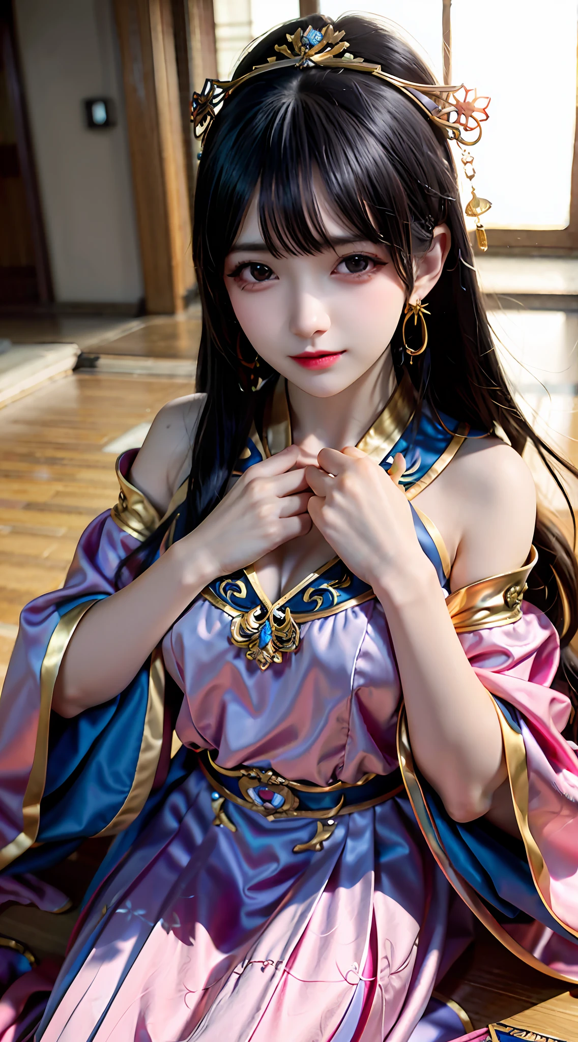 (tmasterpiece,best qualtiy), 独奏, Detailed doujin art,High-quality doujin art, best photos, 8K quality, 8K Ultra,closeup ,is a slim and cute anime woman,1girll, 独奏,Put on the new clothes of the civilization of the Republic of China,(Cyan-themed clothing:1.3),(Clothing covers the chest:1.3),In the lotus pond,The lotus pond is full of lotus flowers,The skirt swayed slightly in the breeze,(Holding a book of poetry in his hand:1.6),face to the viewer, Black hair, trinkets, Red eyes, side locks, Blush, golden hairband, 耳Nipple Ring, shairband, hair adornments, Closed mouth, Very long hair, bangs, Gold earrings,(Poetry Gangnam:1.1),Digital SLR , Soft light,Proportionally accurate
