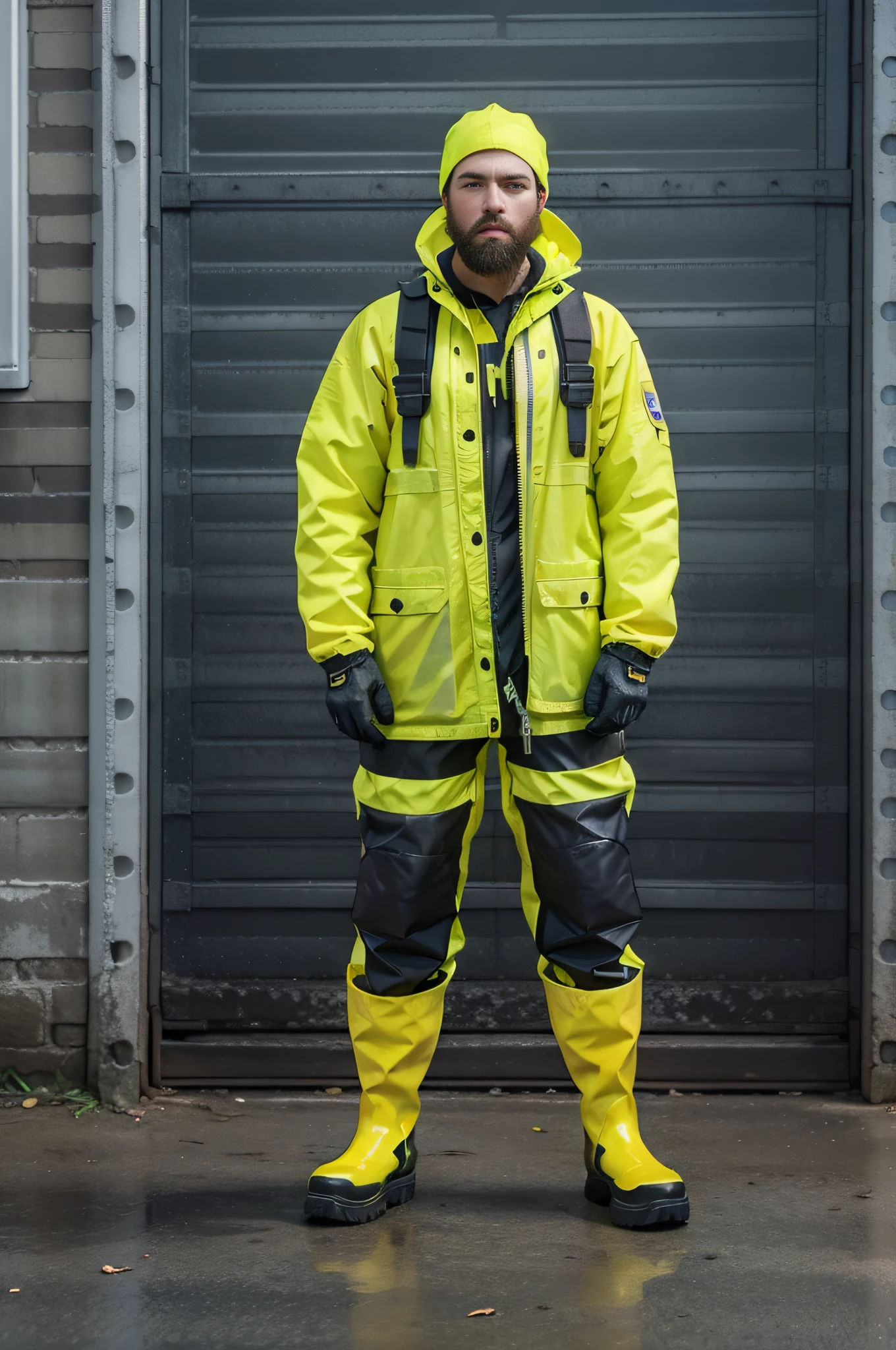 A man in a yellow high-visibility jacket stands,With a beard and rubber boots Artur Groateger, techwear outfits, a character portrait, Labor Arts Council, techwear outfits, Work equipment is muscular, a stock photo