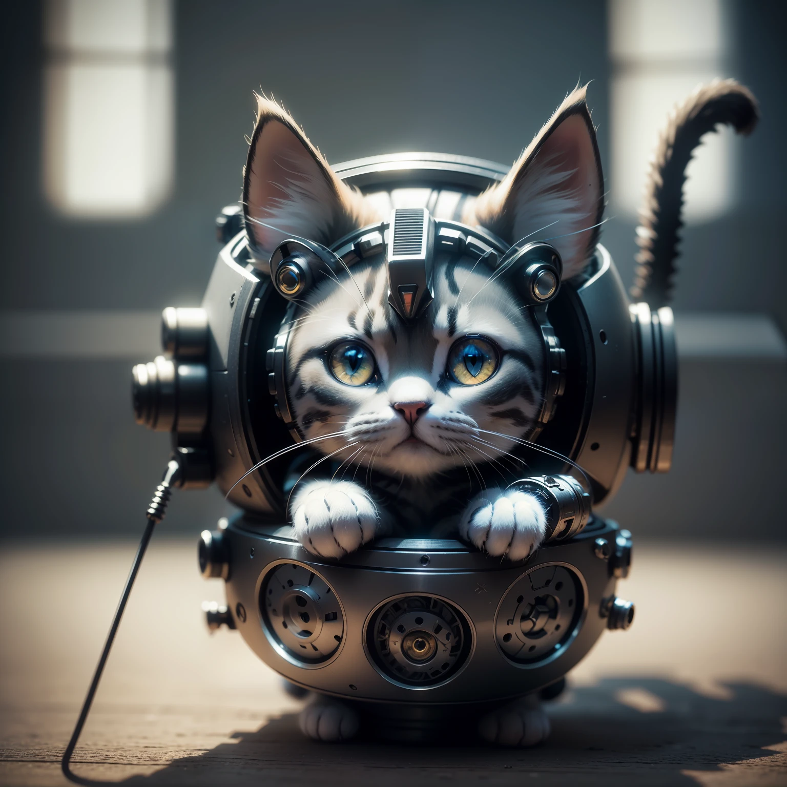 A cute kitten made of metal, (cyborg:1.1), ([tail|detailed wire]:1.3), (intricate detail), hdr, (intricate detail, hyperdetailed:1.2), cine footage, halo shadow, centered