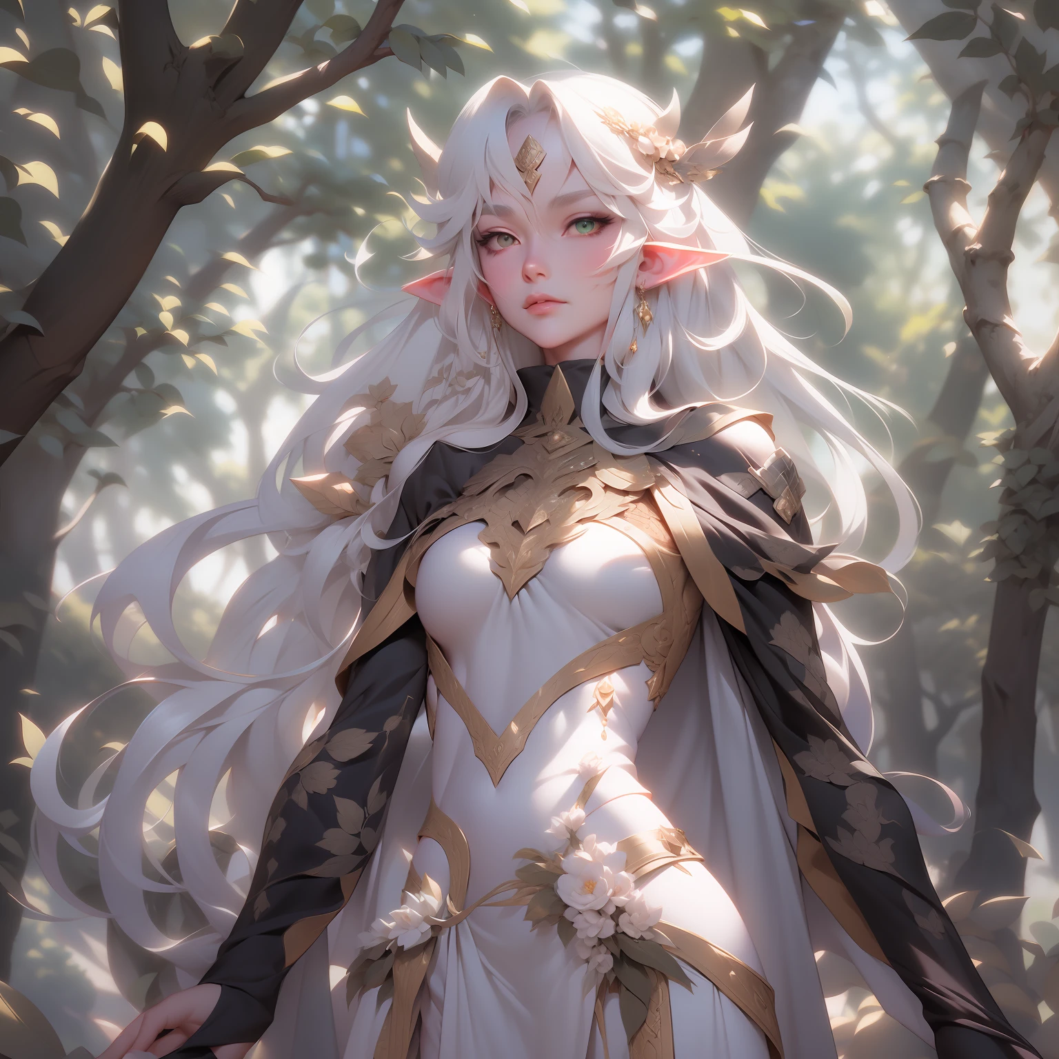 fullbody of anime girl with long white hair and green eyes walking in to forest, white haired deity, she has elf ears and gold eyes, portrait knights of zodiac girl, artwork in the style of guweiz, detailed digital anime art, guweiz on pixiv artstation, guweiz, portrait of a forest mage, portrait of an elf queen,, beautiful line art, detailed manga style, extremely fine ink lineart, black and white manga style, black and white line art, ink manga drawing, intense line art, pencil and ink manga drawing, intense black line art, in style of manga, exquisite line art, perfect lineart,exquisite line art, exquisite digital illustration, detailed digital drawing, black and white coloring, digital anime illustration, a beautiful artwork illustration, detailed matte fantasy portrait, beautiful line art, great digital art with details, goddess. extremely high detail, 4k detailed digital art, stunning digital illustration, digital fantasy illustration,((Best quality)), ((masterpiece)), (detailed:1.4), 3D, an image of a beautiful female,HDR (High Dynamic Range),Ray Tracing,NVIDIA RTX,Super-Resolution,Unreal 5,Subsurface scattering,PBR Texturing,Post-processing,Anisotropic Filtering,Depth-of-field,Maximum clarity and sharpness,Multi-layered textures,Albedo and Specular maps,Surface shading,Accurate simulation of light-material interaction,Perfect proportions,Octane Render, Two-tone lighting,Wide aperture,Low ISO,White balance,Rule of thirds,8K RAW