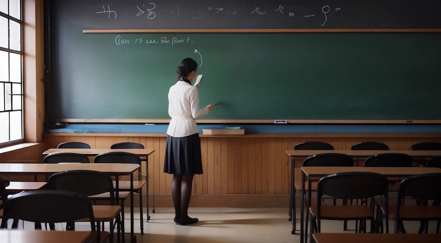 The teacher is in front of the room, Write carefully on the chalkboard. They are giving knowledge to students.