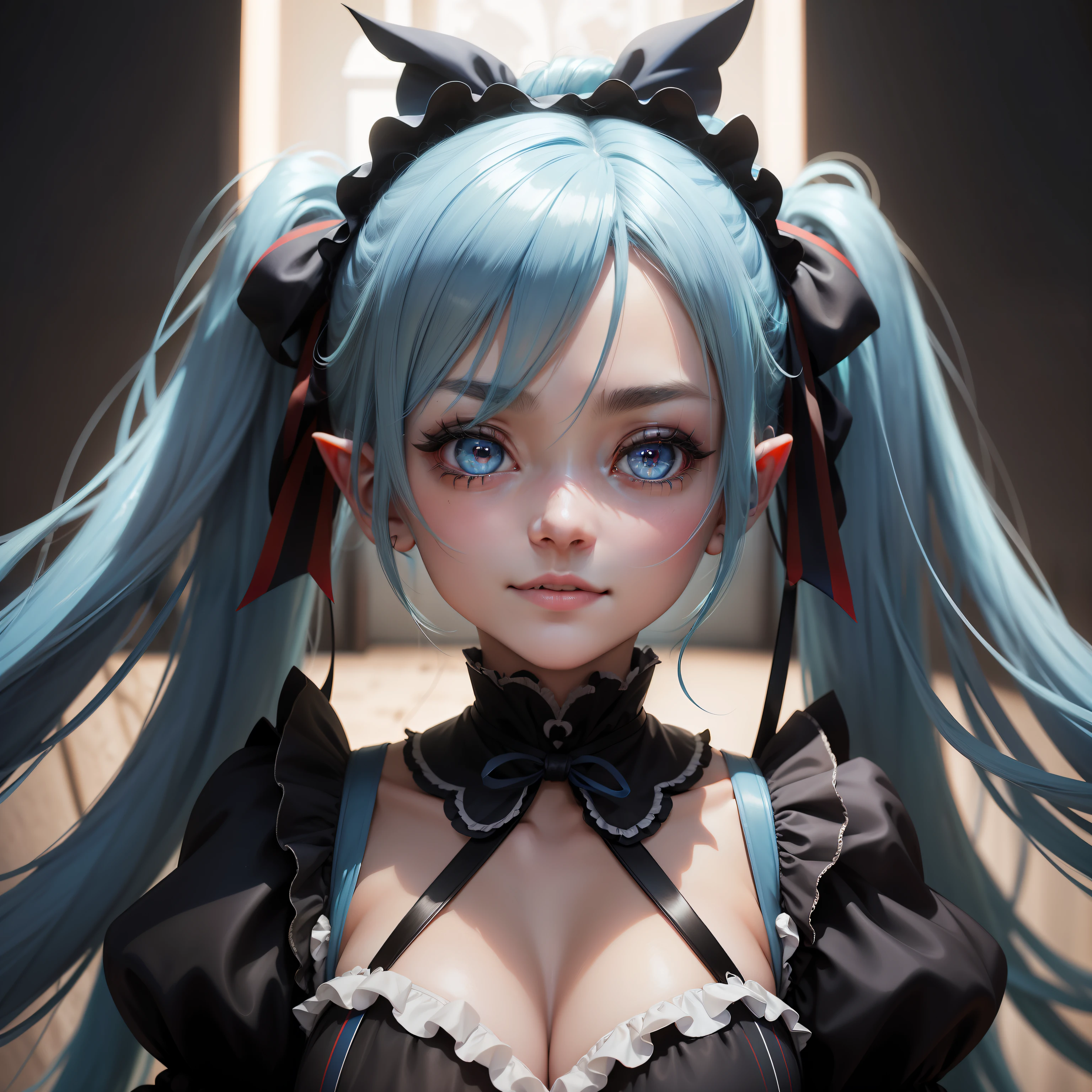 look up lens, blue hair, twintails, quad tails, scar across eye, ta hairband, heart-shaped pupils, mismatched pupils, colored eyelashes, pointy ears, light smile, yandere, dutch angle, caustics, f/4.0, Sony FE GM, 85mm, UHD, retina, masterpiece, textured skin, high details, highres, 16k
