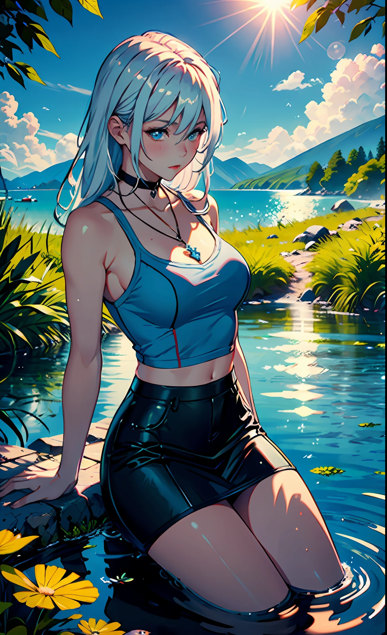 1个Giant Breast Girl，calm expression，mesmerizing eyes，Straight hair，Dopamine wears skirts，A calm posture，Porcelain-like skin，Subtle blush，Crystal Pendant BREAK Prime Time，（edge lit）：1.2，a warm color palette，sunflare，soft shade，vivd colour，painterly effect，Fantastic atmosphere BREAK scenic lake，Far Mountain，willowy，Calm water surface，Reflectors，Sunlit clouds，tranquil ambiance，Idyllic sunsets，ultra - detailed，offcial art，统一 8k 壁纸，zentangle，datura