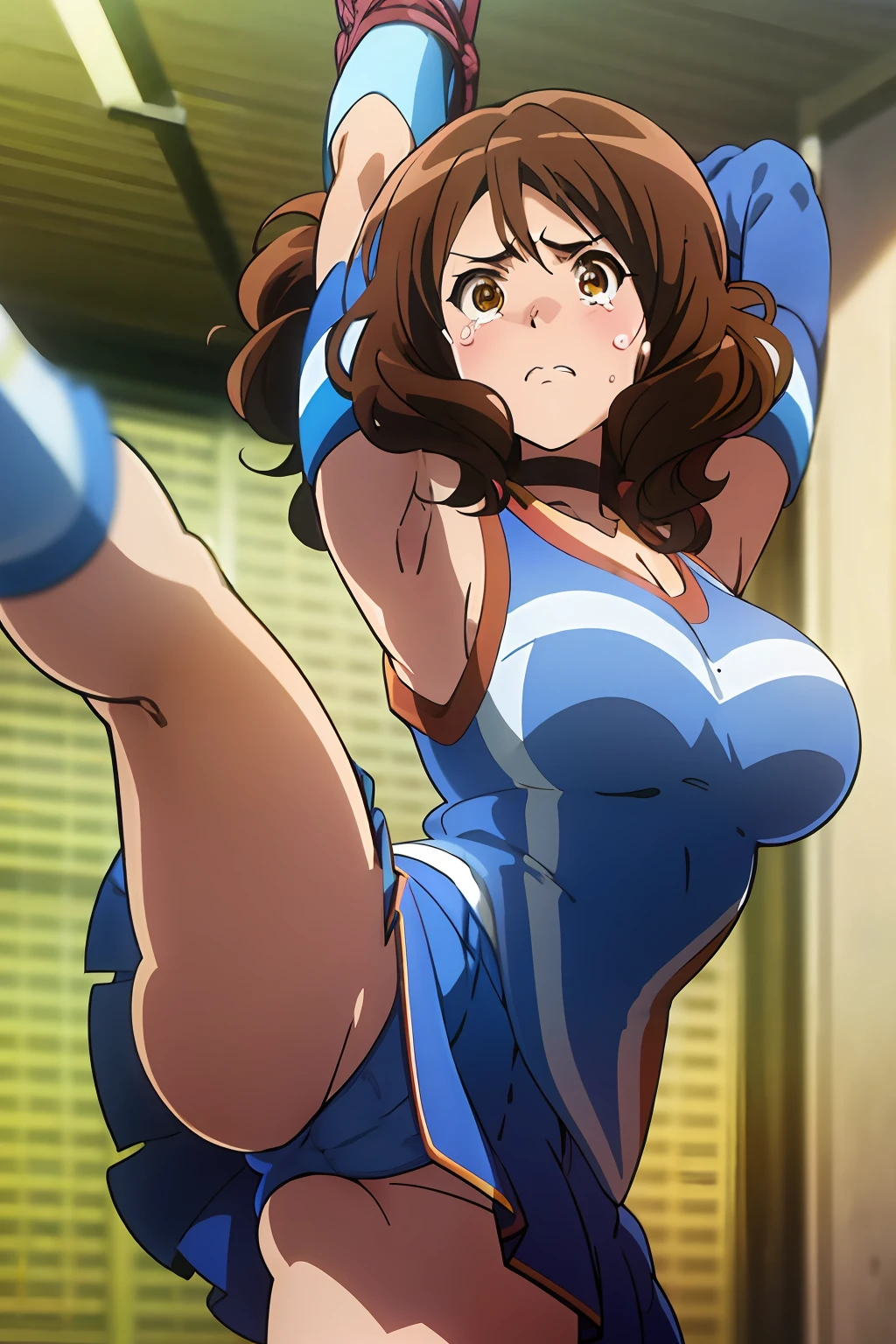 kyoto animation,euphonium,(kumiko oumae:1.5),1990s,(style), (cel anime:1.2), official art,extremely detailed CG unity 8k wallpaper, perfect lighting,Colorful, Bright_Front_face_Lighting, (masterpiece:1.0),(best_quality:1.0), ultra high res,4K,ultra-detailed, photography, 8K, HDR, highres, absurdres:1.2, Kodak portra 400, film grain, blurry background, bokeh:1.2, lens flare, (vibrant_color:1.2),(from very below,ceiling:1.2),perfect anatomy,upskirt:1.3,brown_short_hair, (cute cheerleader uniform costume,micro miniskirt:1.3) ,(knee boots:1.3), choker, white gloves, choker, elbow gloves, jewelry, earrings, (bare thigh:1.2),cowboy shot, 1990s,(style), indoors, (shiny skin), large breasts,1990s,(style),(frown,shame, embarrassed,anger,troubled eyebrows,opened eyes tightly,glaring,crying,tearly,closed mouth,clenching teeth,full-face blush:1.2) ,looking at viewer,arms up,shibari,(shibari over clothes:1.5),bdsm,(bound wrists together:1.1),panties,cameltoe, erotic,(leg up,stand split leg, i-balanced:1.5),arched back,panties focus,pectoral cleavage,gipple,standing,