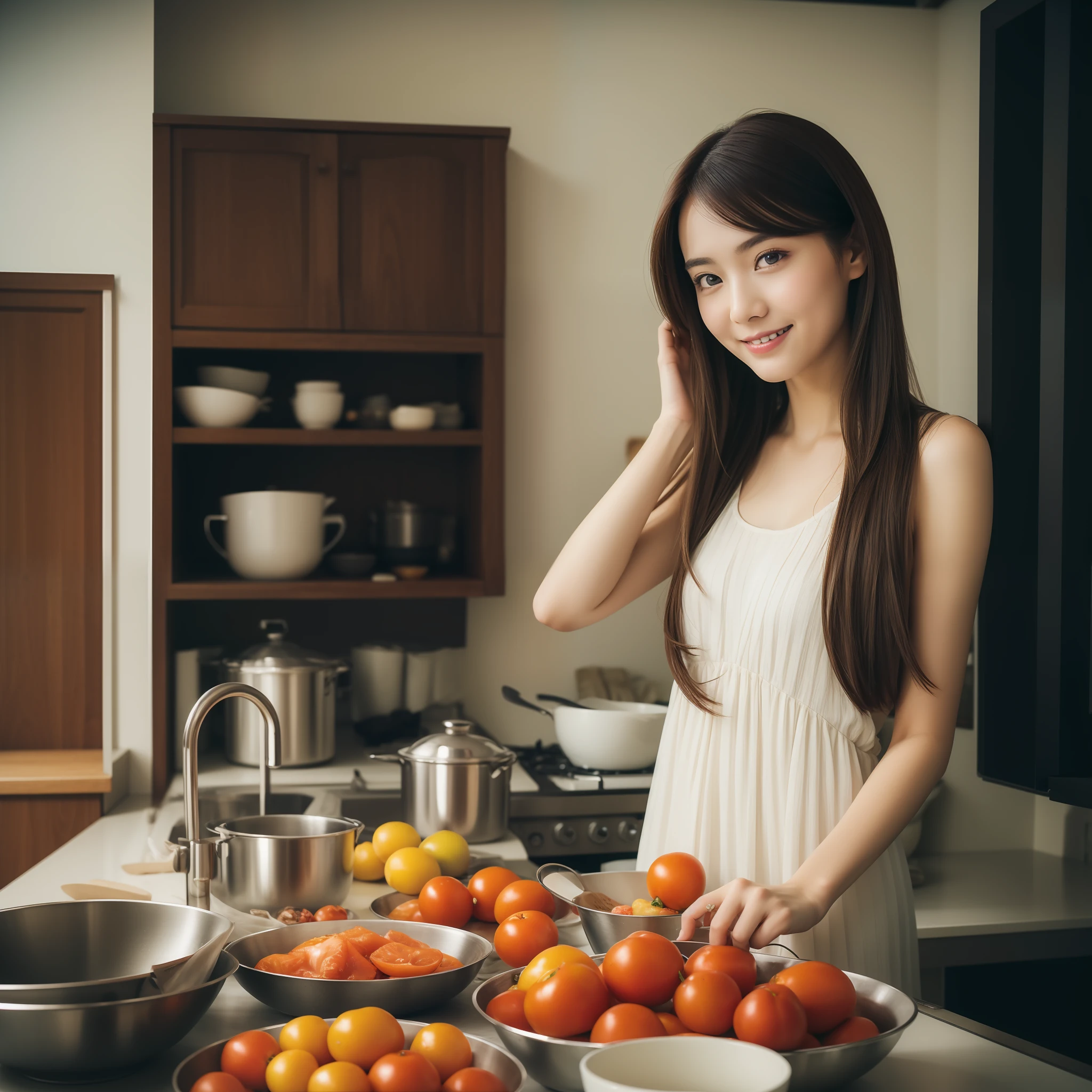（best qualtiy，8k，tmasterpiece：1.3）Beauty 1 girl， ssmile， full bodyesbian， Slim Faces， Beautiful woman， （dark brown  hair）， full length dress ：1.1， Super detailed face， Detailed eyes， 二重まぶた， blur backgroun， Slim Faces，kitchens， cook，The kitchen is well stocked with kitchenware、delicacies、a beauti、Make tomato eggs、Shorten Sony A7IV, Sigma 24 mm FL.4, filmgrain