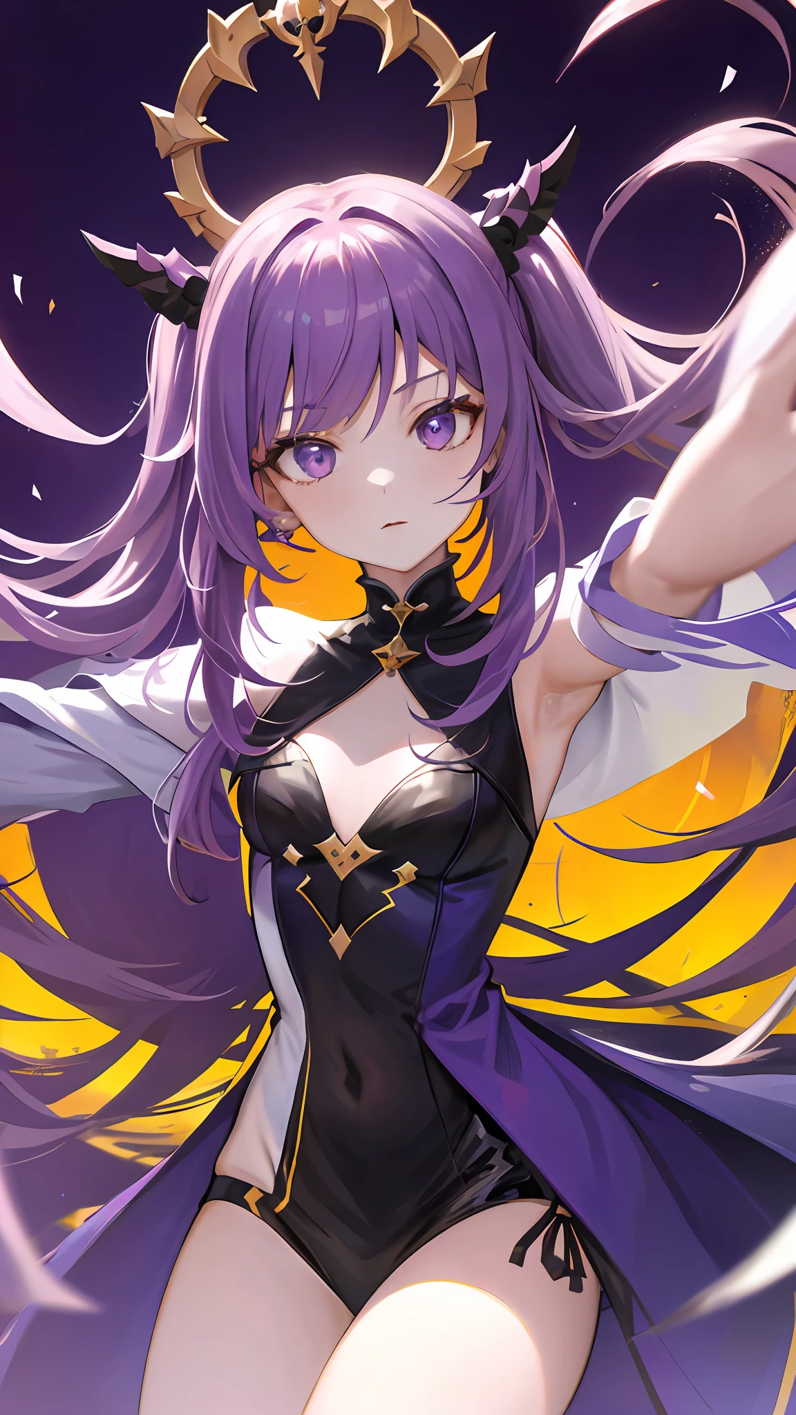 Absurdres, highres, ultra detailed, (1 girl: 1.3),Design a character from an animated world, with exaggerated features, vibrant colors, and a unique style,hair_cones, keqing_\(genshin_impact\), long_hair, purple_hair, twintails,purple_eyes,half-closed_eyes, BREAK,