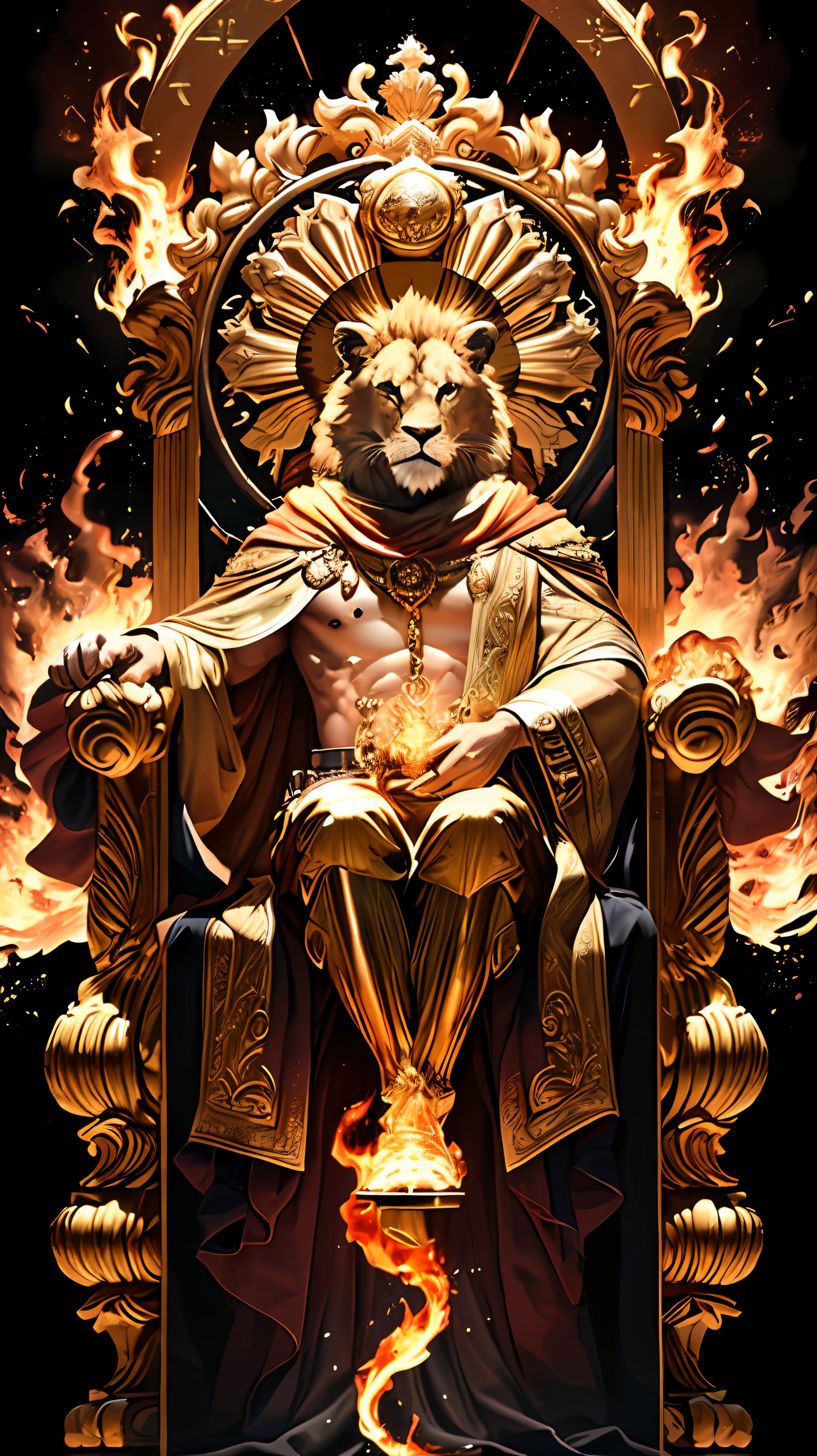 An royale King Lion full boby, background galaxy, magic 3D, full resolution style RTX with flaming eyes sitting on a throne, captured through Photography with a 35mm lens. Inspired by the artistry of National Geographic photographers, the scene portrays the majestic lion, regal and powerful. The color temperature is warm, with golden hues highlighting the lion's magnificence. The lion's eyes burn with intense flames, emanating a sense of authority and dominance. The lighting casts dramatic shadows, creating a captivating atmosphere, symmetrical, full boby, big angle, rtx, bobybuilder