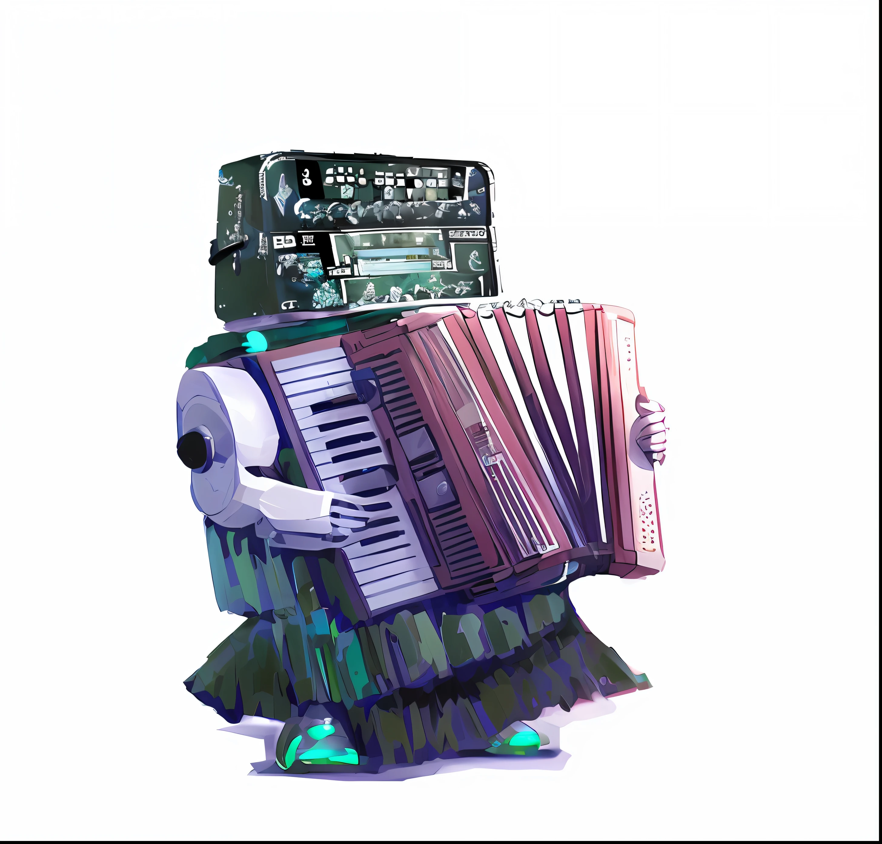 Close up portrait of robot playing accordion isolated on white background, Droid, Pitt Digital Art, by Jason Teraoka, beautiful robot character design, by Andrei Kolkoutine, by Ludwik Konarzewski, The band name is Roborock, Salvia Droid