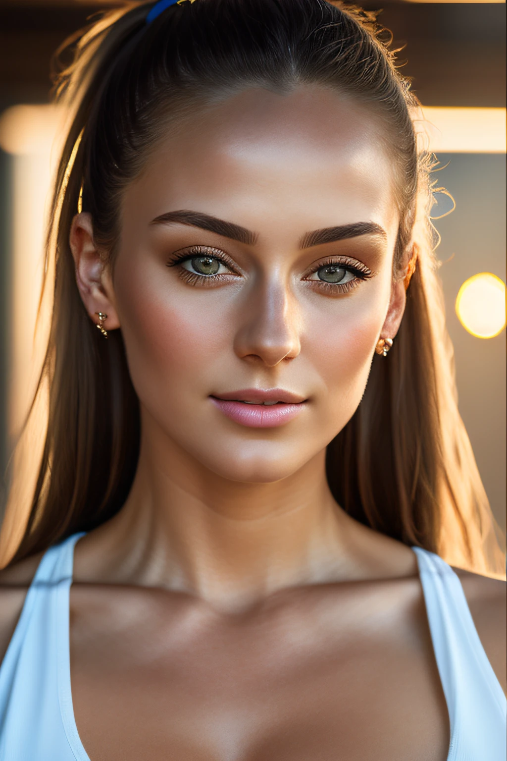 color photograph, close-up, ((a realistic photo of a beautiful girl)), (milalc), light, ((glowy skin)), looking_at_viewer, (fit body:1.0), ((medium breasts)), high ponytail, detailed illustration, masterpiece, high quality, realistic, very detailed face,