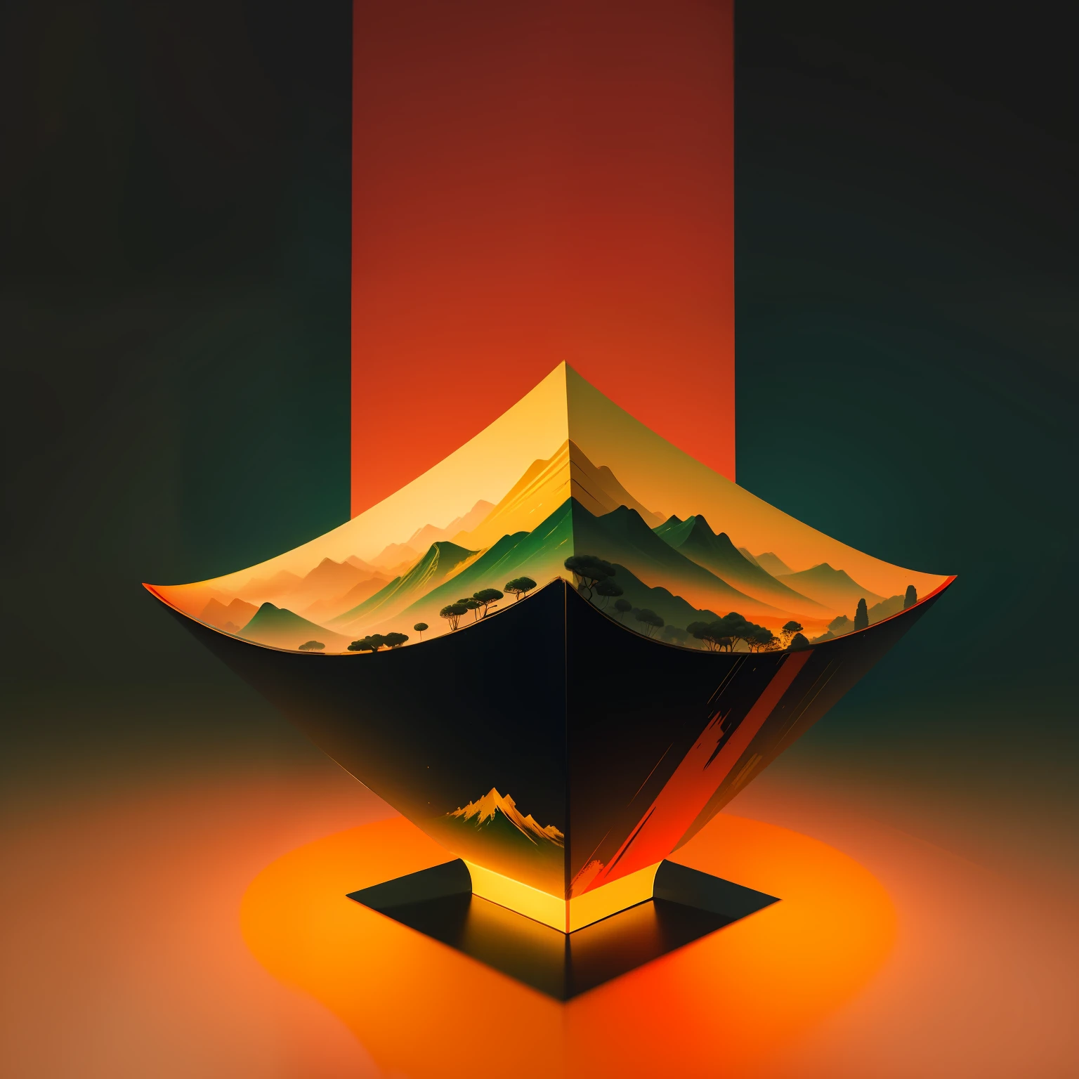 Lacquer,anaglyph,Minimalist composition of Chinese landscape,Red sky solid color background,black in color、green and gold