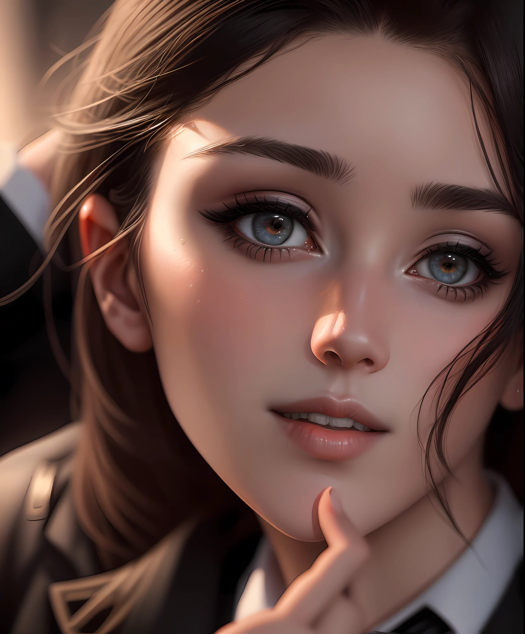 best quality, masterpiece, 1girl, Beautiful face, (photo realistic:1.3), rim lighting, (high detailed skin:1.2), 8k uhd, dslr, high quality, high resolution, 4k, 8k, Bokeh, absurdres, best ratio four finger and one thumb, (realistic:1.3), cute 1girl, wearing black formal blazer, medium breasts, short skirt,