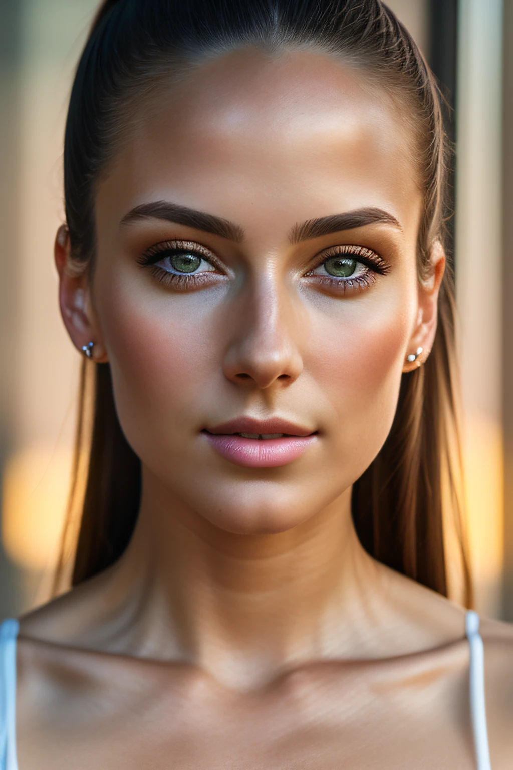 color photograph, close-up, ((a realistic photo of a beautiful girl)), (milalc), light, ((glowy skin)), looking_at_viewer, (fit body:1.0), ((medium breasts)), high ponytail, detailed illustration, masterpiece, high quality, realistic, very detailed face,