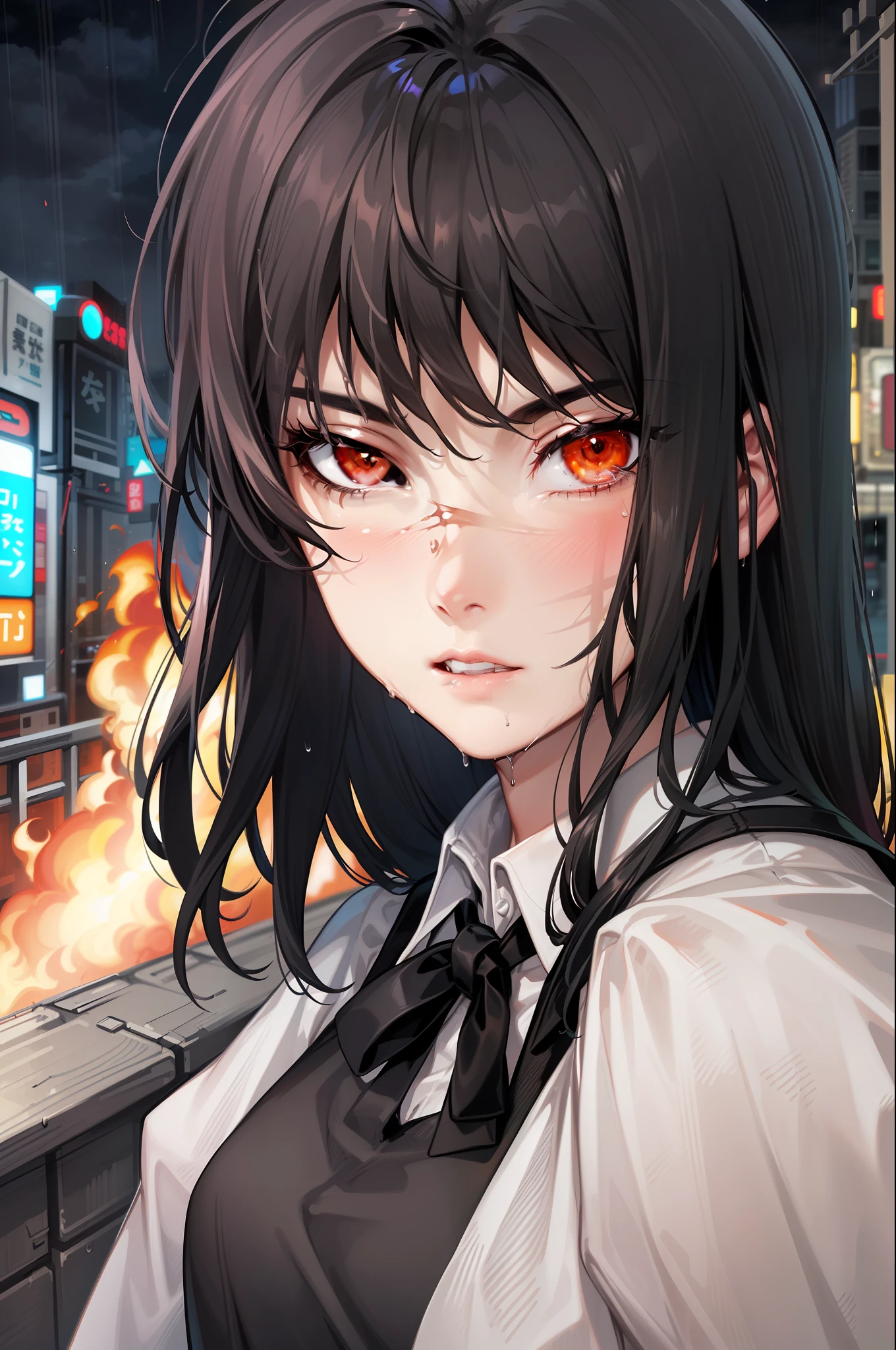 (ultra-detailed, CG ,unity ,8k wallpaper),(masterpiece),(realistic),(photorealistic:1),(raw photo:1), (best quality:1), (detailed face :1),(beautiful detailed eyes :1),(detailed hair),light on face ,cinematic lighting
1 girl,yoru \(chainsaw man\),red eyes, black ringed eyes((school uniform, black pinafore dress, shirt, black neck ribbon, long sleeves)),long hair, black hair, (messy hair), (expressionless eyes), perfect teeth,(background:tokyo,big rainy wet,conflagration1.6)
pov,facing viewer