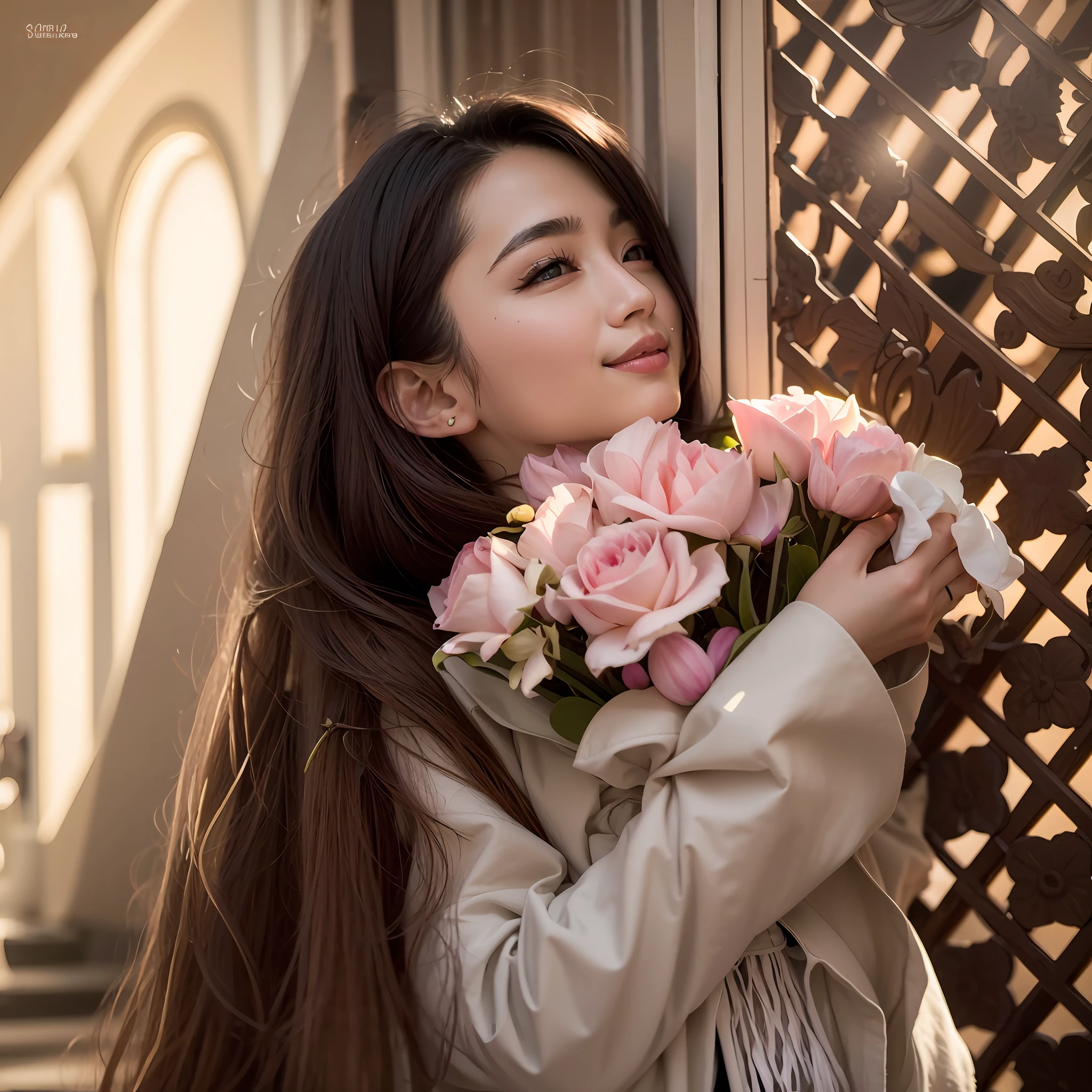 a close up of a woman holding a bunch of flowers, With flowers, Holding flowers, carrying flowers, blackpink jennie, Holding a flower, flowers on the cheeks of the heir, wearing a hoodie and flowers, with frozen flowers around her, holding magic flowers, shaxi, with a lovely appearance, with a beautiful smile, full bloom, picking up a flower, dilraba dilmurat