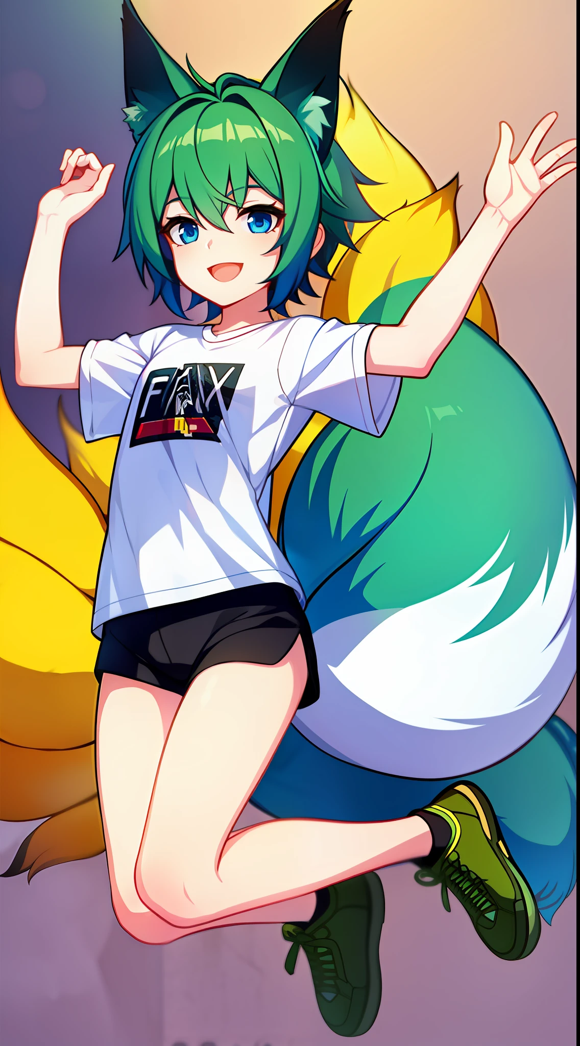 , short black hair, Fox ears, blue eyes, Fox tails, Smile, jump, tshirt, Shorts, Masterpiece, hiquality