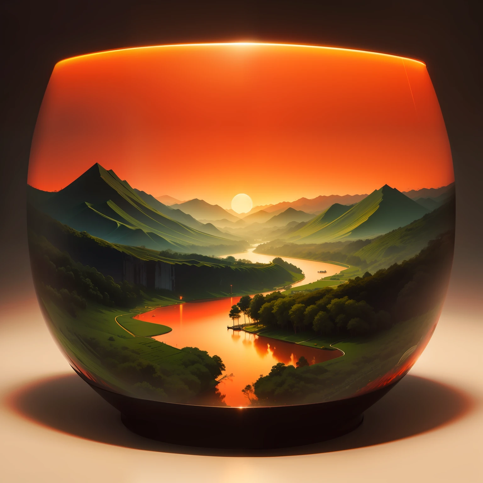 Lacquer,anaglyph,Minimalist composition of Chinese landscapes,Red sky solid color background,black in color、green and gold
