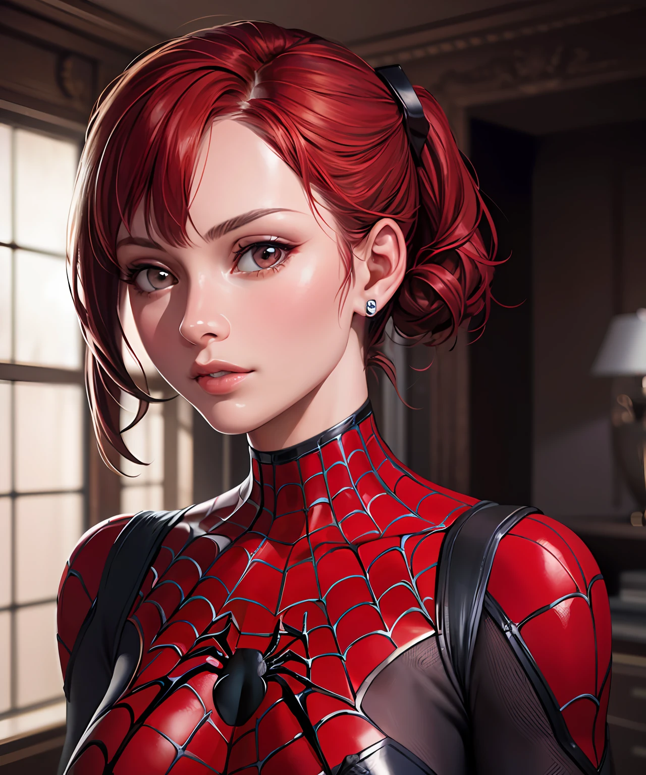 best quality,game cg,1girl, masterpiece, best quality, 8k, detailed skin texture, detailed cloth texture, beautiful detailed face, intricate details, ultra detailed, audrey hepburn, Spider-Man uniform, straight red hair, (Half body:1.2)