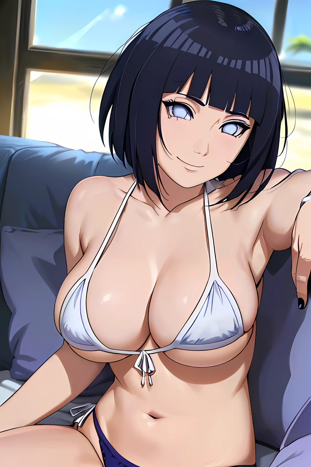(masterpiece, anime style:1.9, bold drawing lines, plain, squating, bare body, BIG BREASTS, less clothing, taking off shirt, bare shoulders, sand on body, polished nails, seductive, very tight white micro bikini, no shirt, showing off), hinata\(boruto\), mature female, sunbathing, milf, (curvy:0.8), solo, short hair, hime cut, (dark blue hair color:1.1), white, flat belly, perfect eyes, anime eyes, smoky eyeliner, eyeshadow, perfect face, shy, sharp focus, professional artwork, intricate details, colorful, vibrant colors, vivid colors, digital blending, ultra detailed body, ultra detail hair, ultra detail face, trending on pixiv, kind smile, happy, very hot colors, sunrays, beaten, holding armpit, setting on couch, armpit on couch surface, leaning on couch, good lighting on body