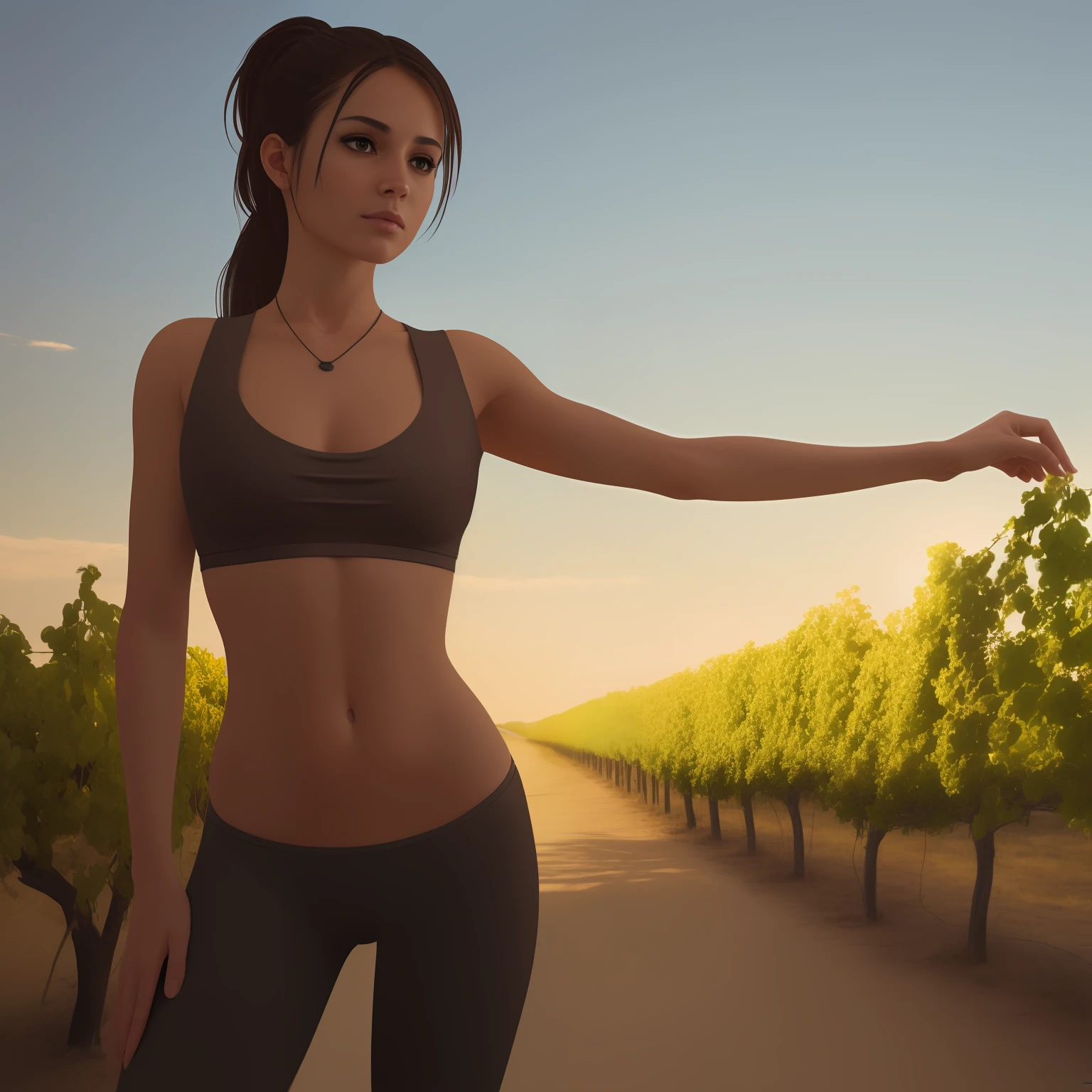 Beautiful Brazilian girl, brown hair in a ponytail, 18 years old, beautiful thin figure symmetrical eyes, (beautifully detailed face, beautiful detailed eyes), dramatic lighting, (photo realism:1. 4), realistic, sharp focus, HD, highly complex, intricate, photography, hyperrealism, hyperrealistic, raytracing, physics-based rendering, ((8k, RAW photo, masterpiece), High detail RAW color photo, (highest quality), (best shadow), (best illustration), ultra high resolution, highly detailed CG unified 8K wallpapers), rim lighting, vivid color, post-processing, vibrant, color grading, Posing in a vineyard, wearing tight leggings and a sports bra, showing her butt, holding a glass of white wine