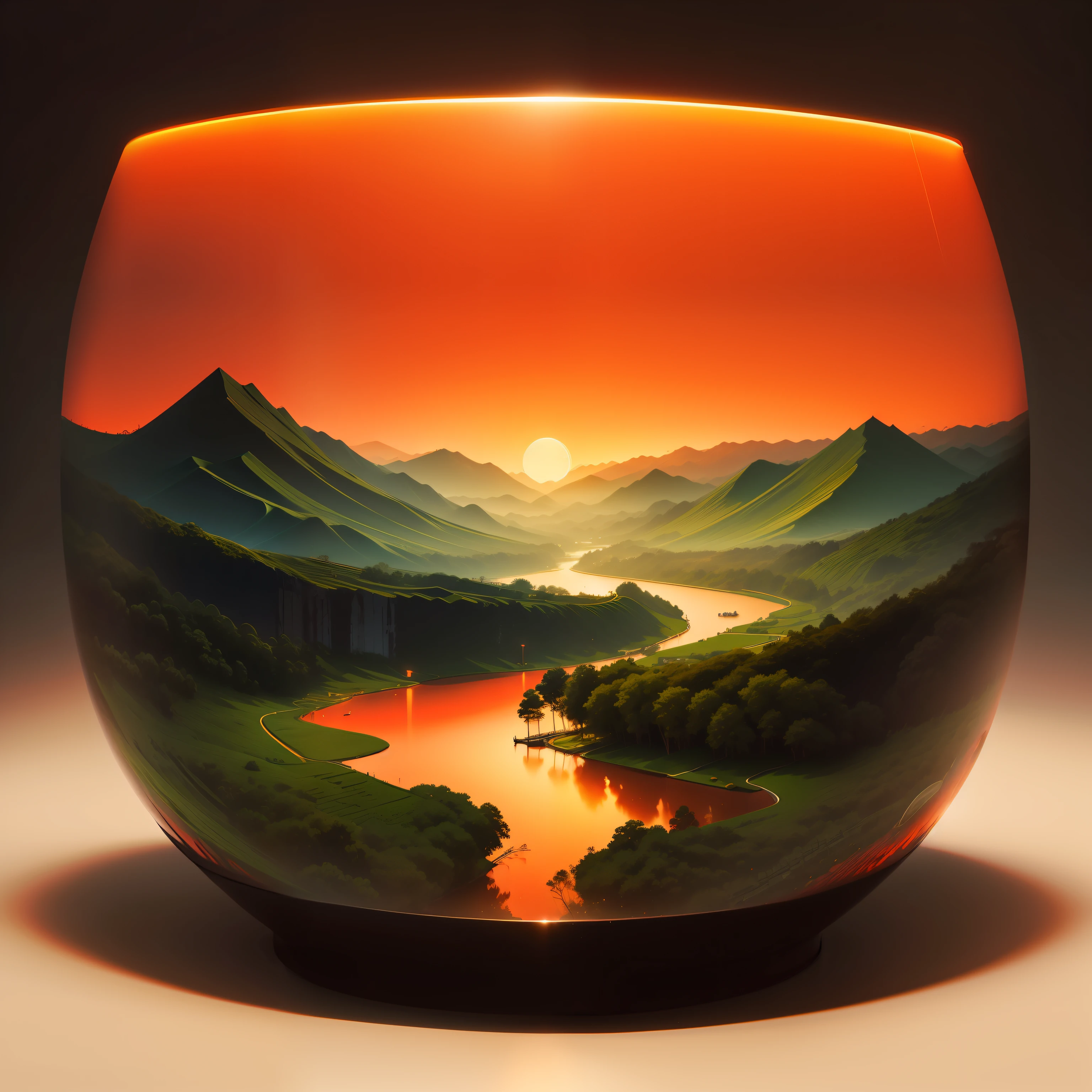Lacquer,anaglyph,Minimalist composition of Chinese landscapes,Red sky solid color background,black in color、green and gold