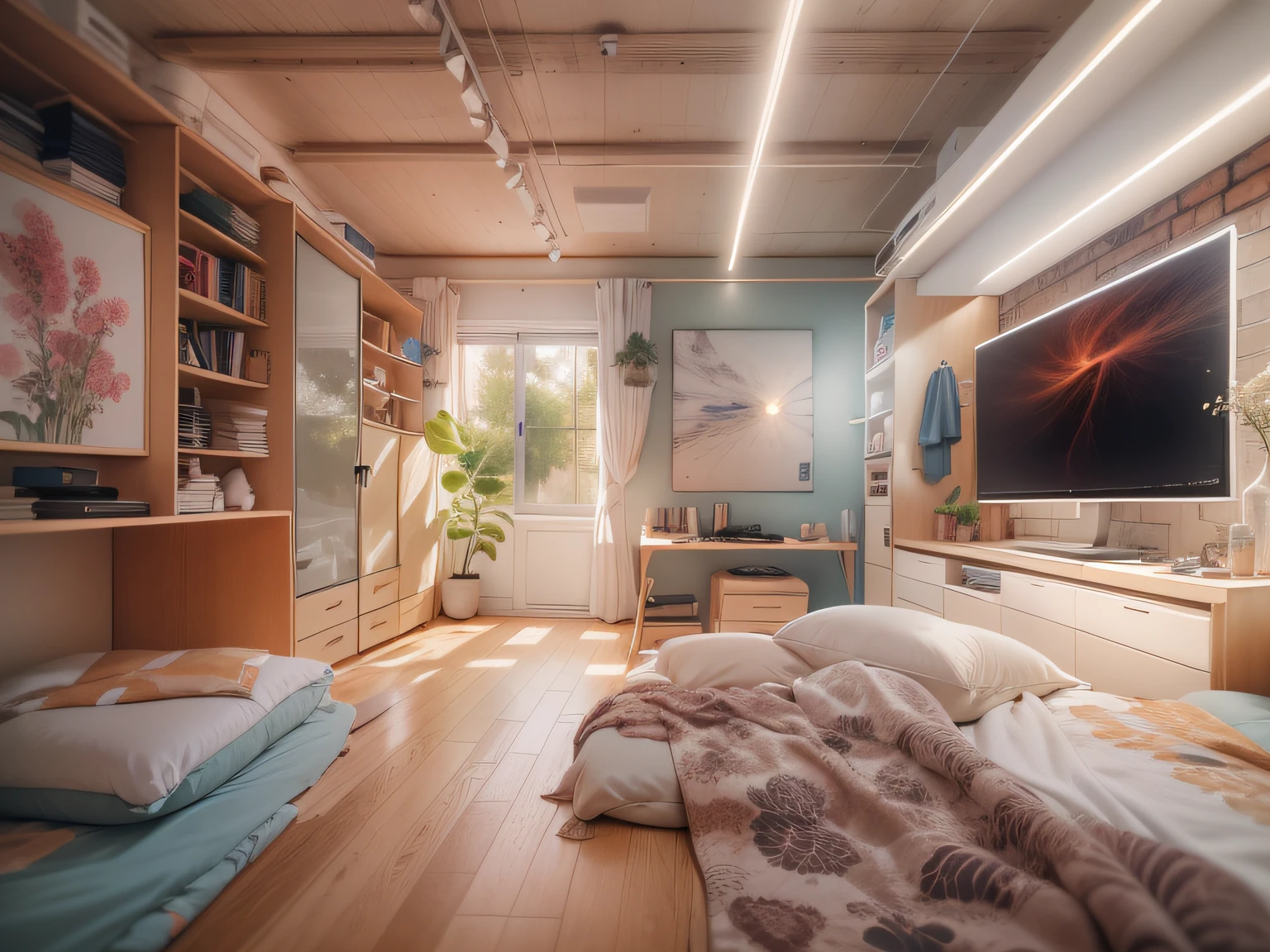 High-detail RAW color photography, Loft-style bedroom interior, (higly detailed, hyper-detailing, Entanglement), (lens glare: 0,7), (bloom: 0,7), particle fx, ray traced, 电影灯光, Shallow depth of field, photographed with Sony a9 II, 50mm wide angle lens, sharp-focus